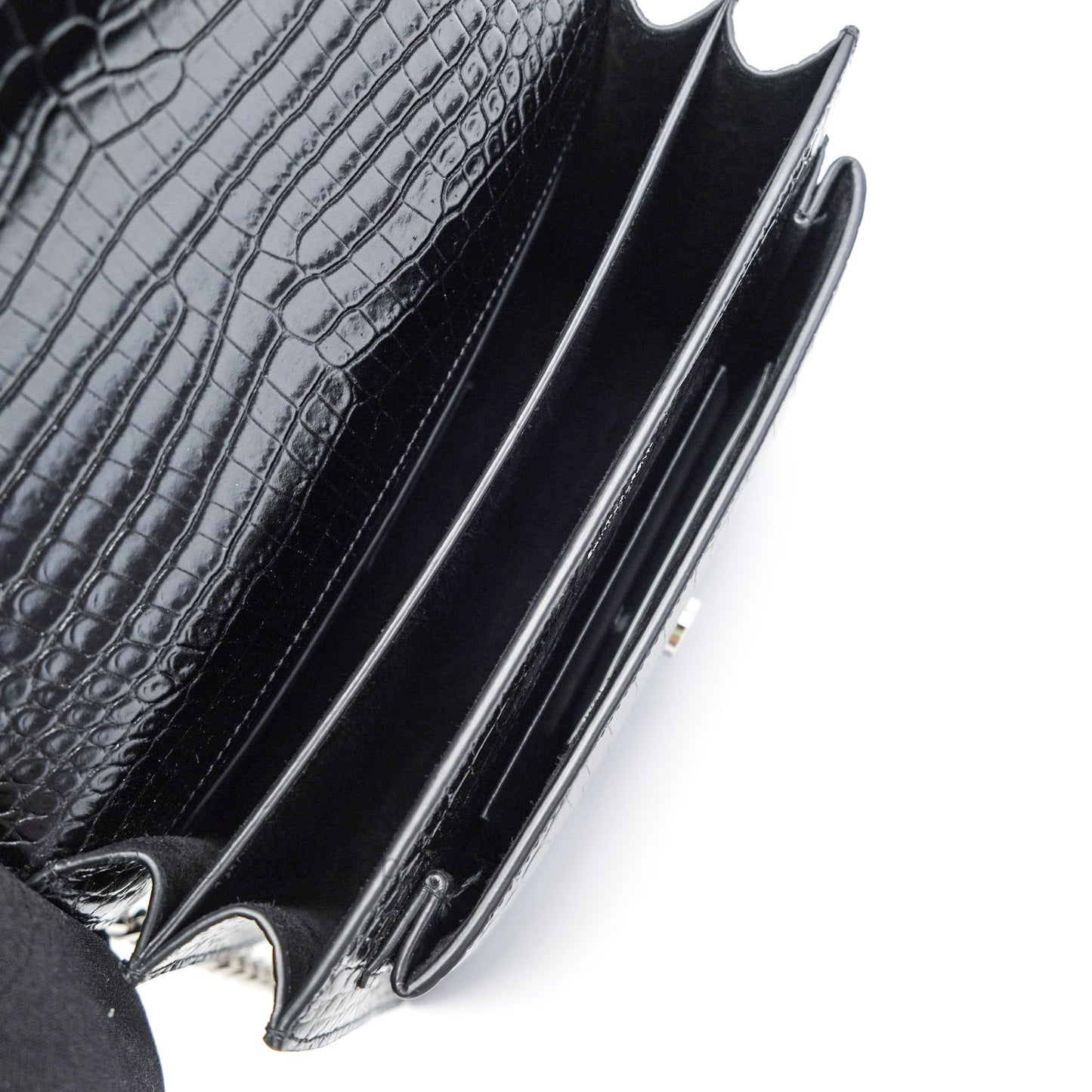 Saint Laurent Sunset Medium Black Crocodile Embossed Calfskin Silver Hardware
