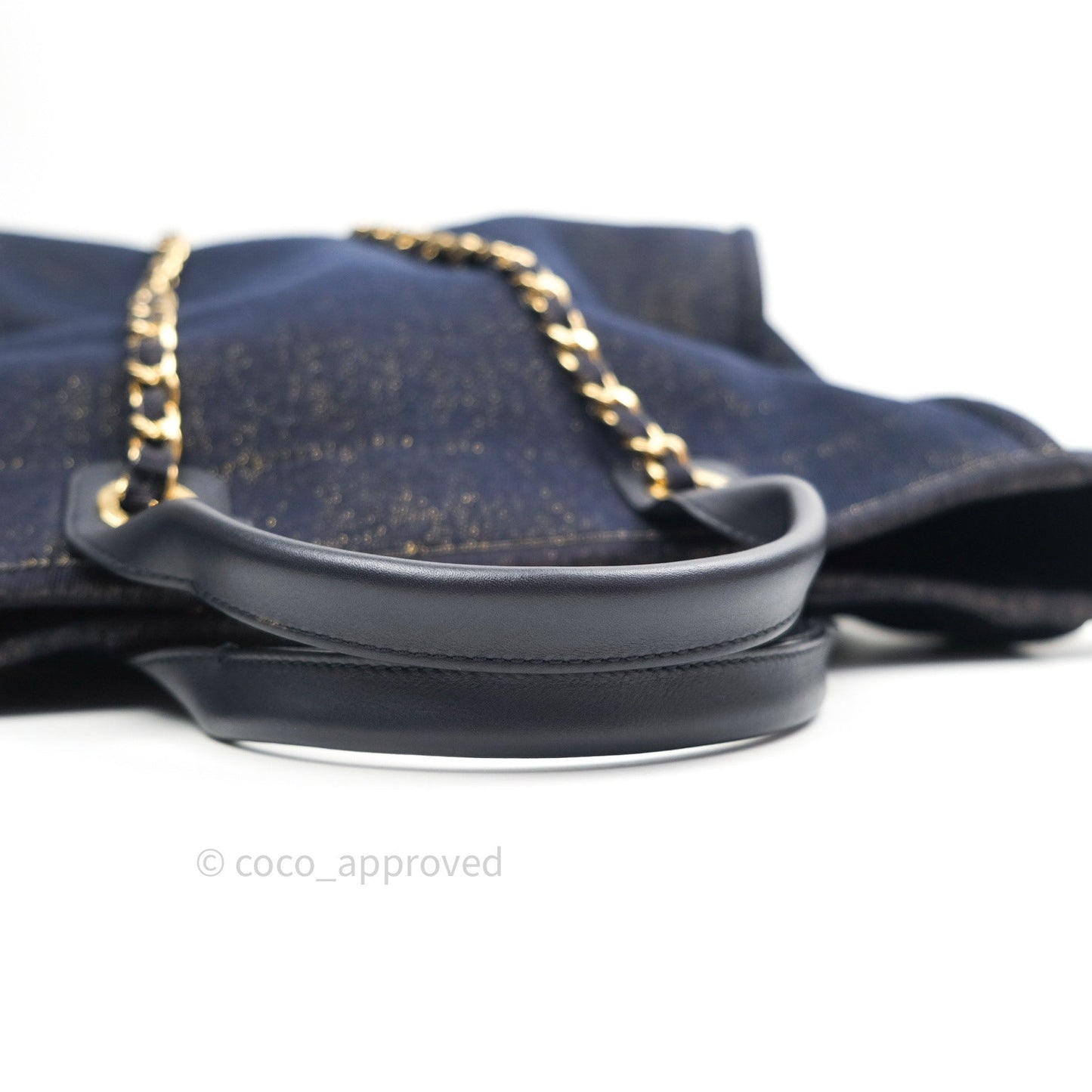 Chanel Canvas Large Deauville Tote Navy Glittery Gold Logo 19B