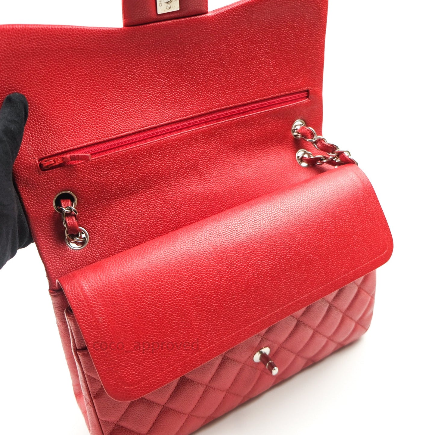 Chanel Jumbo Double Flap Red Caviar Silver Hardware⁣⁣