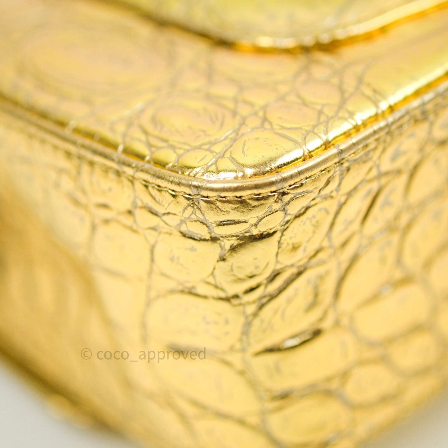 Chanel Gold Metallic Calfskin Crocodile Embossed Rectangular Mini Flap