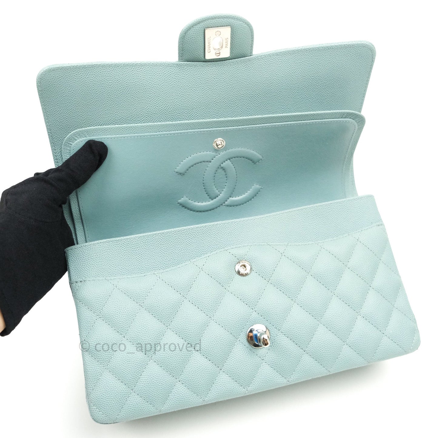 Chanel Classic M/L Medium Double Flap Bag Light Blue Caviar Silver Hardware 18C