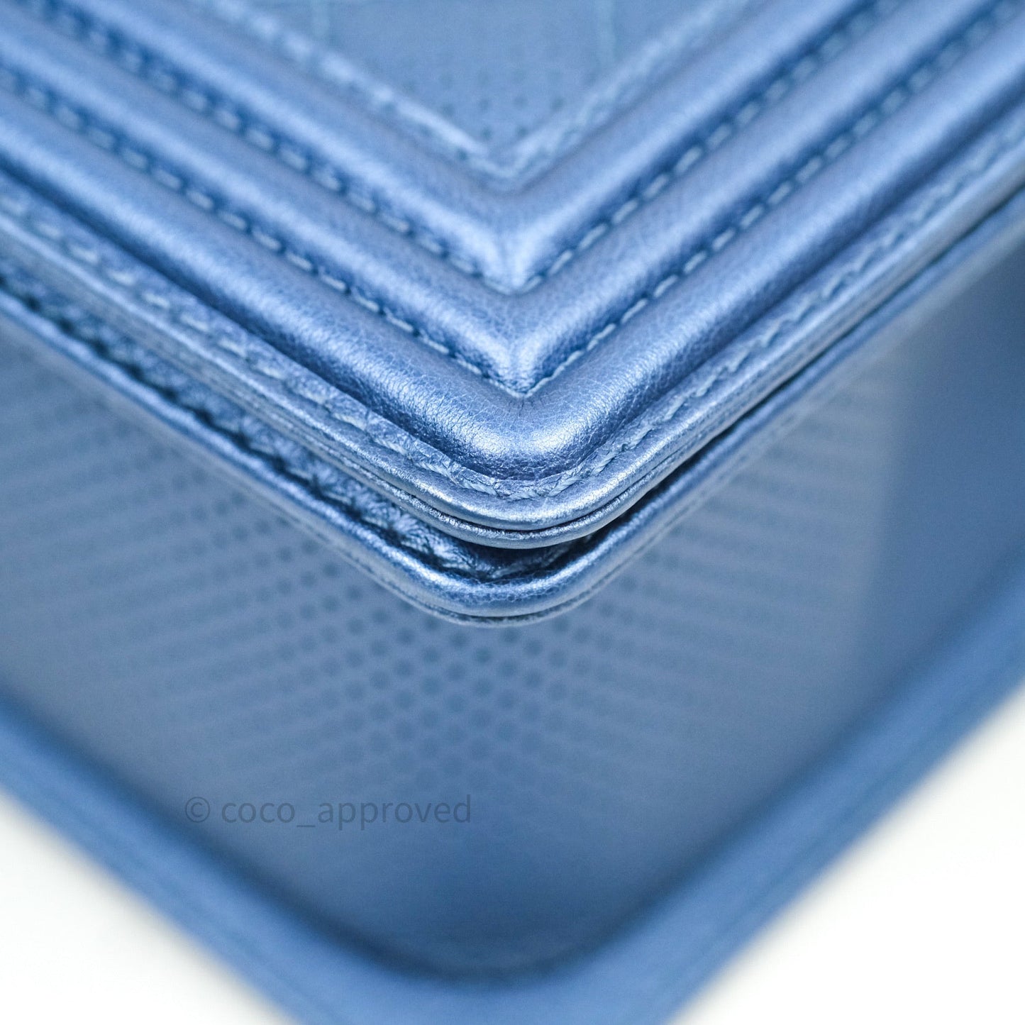 Chanel Boy Medium Blue Metallic Calfskin Perforated Silver Hardware