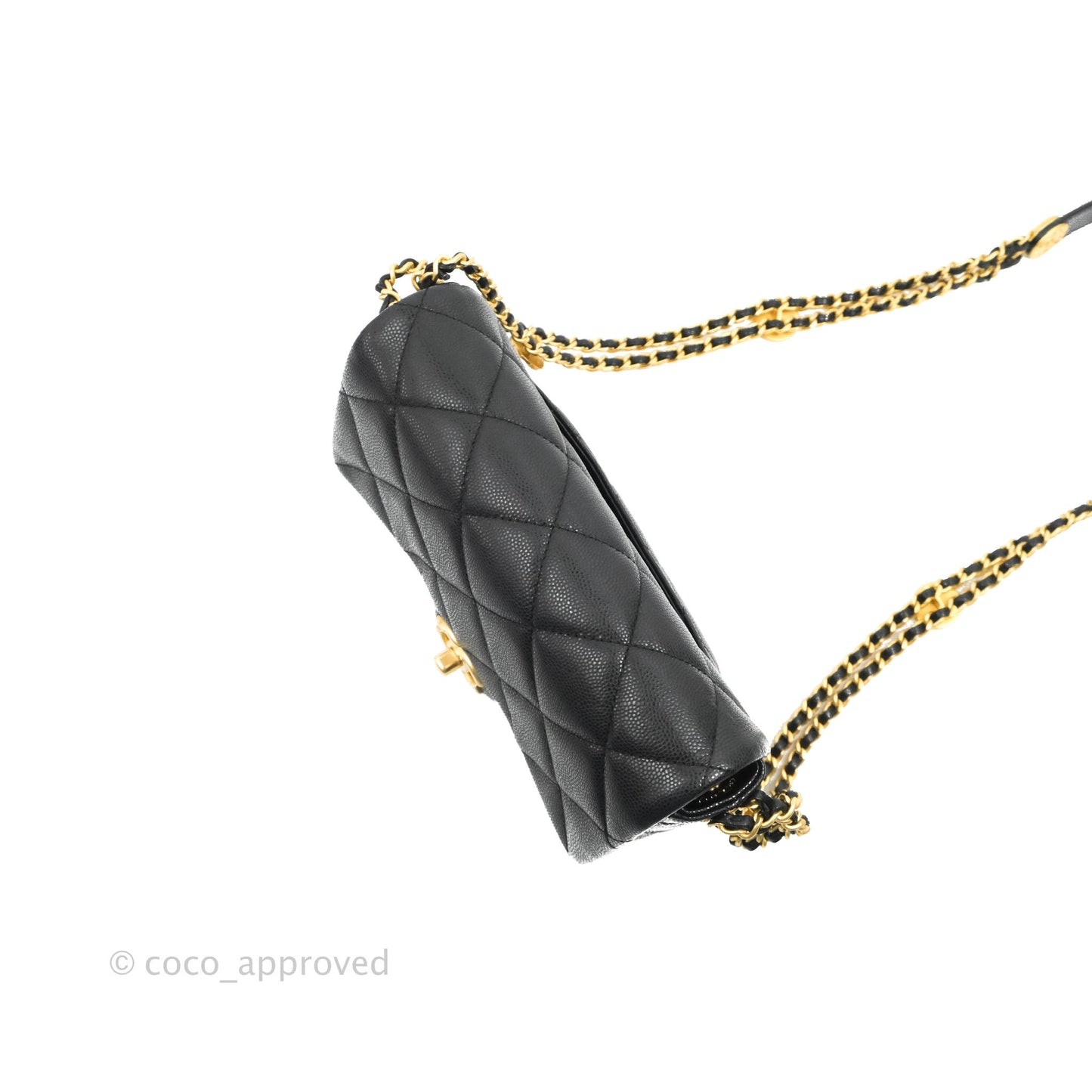 Chanel Small Flap with Coin Charm Black Caviar Aged Gold Hardware 22A