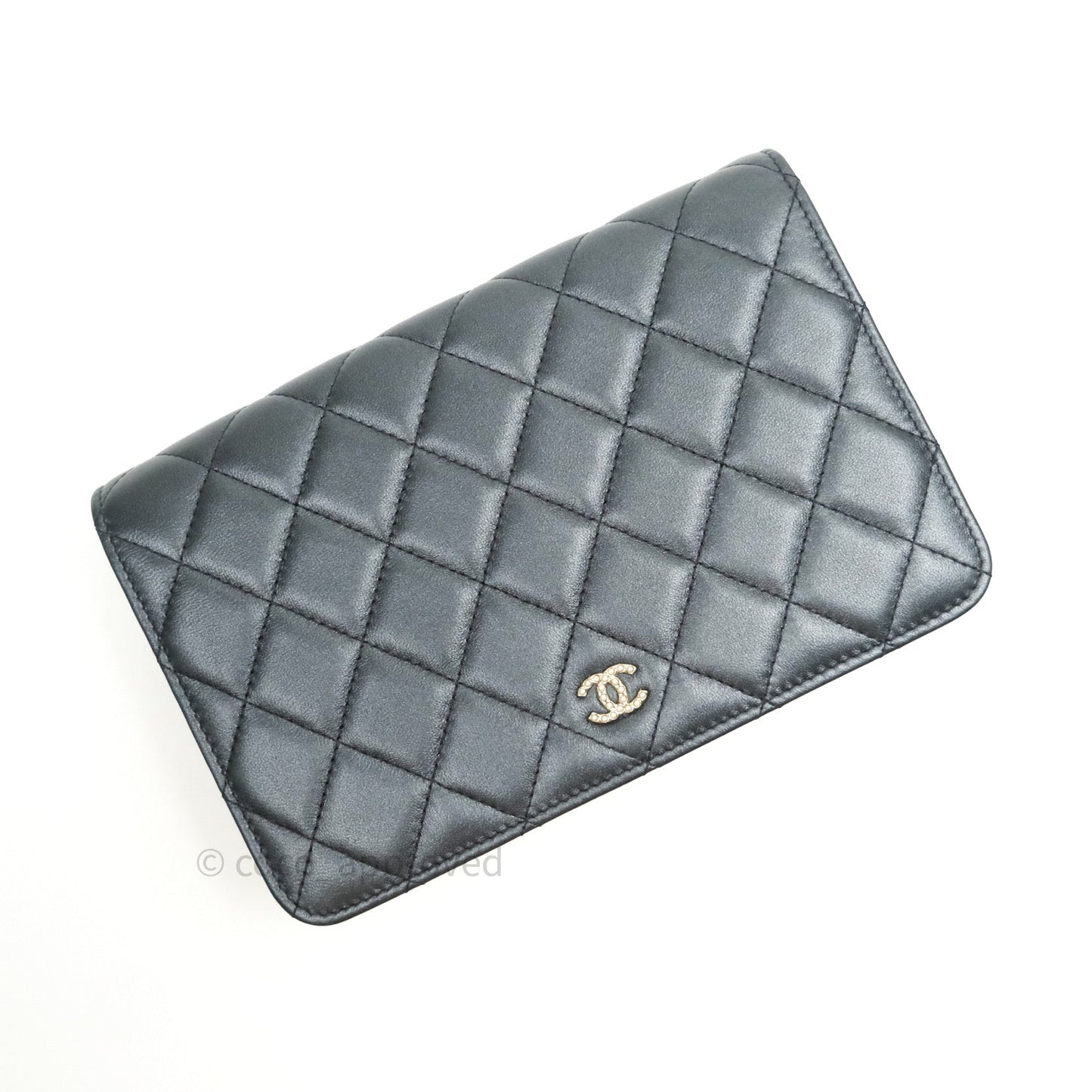 Chanel Quilted Black Iridescent Lambskin Pearl Wallet On Chain WOC