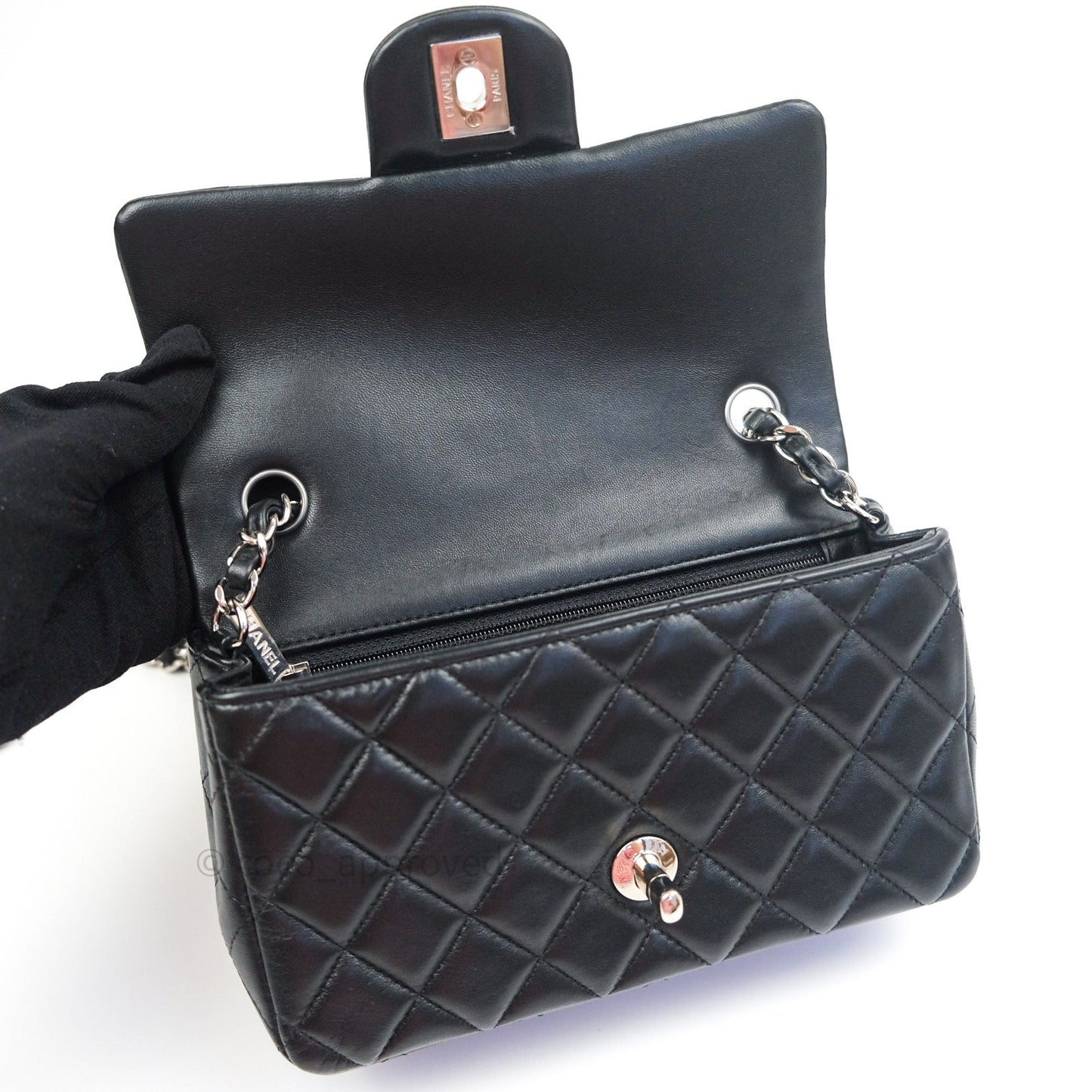 Chanel Quilted Mini Rectangular Black Lambskin Silver Hardware