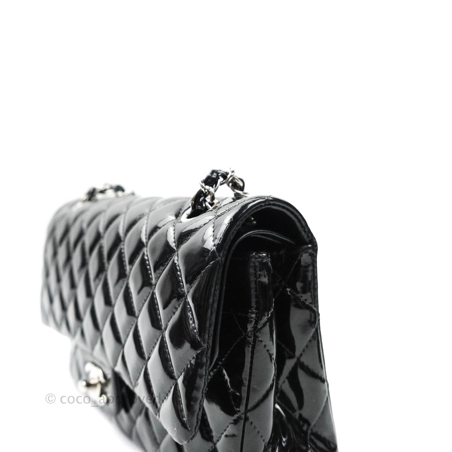Chanel Classic M/L Medium Double Flap Bag Black Patent Silver Hardware
