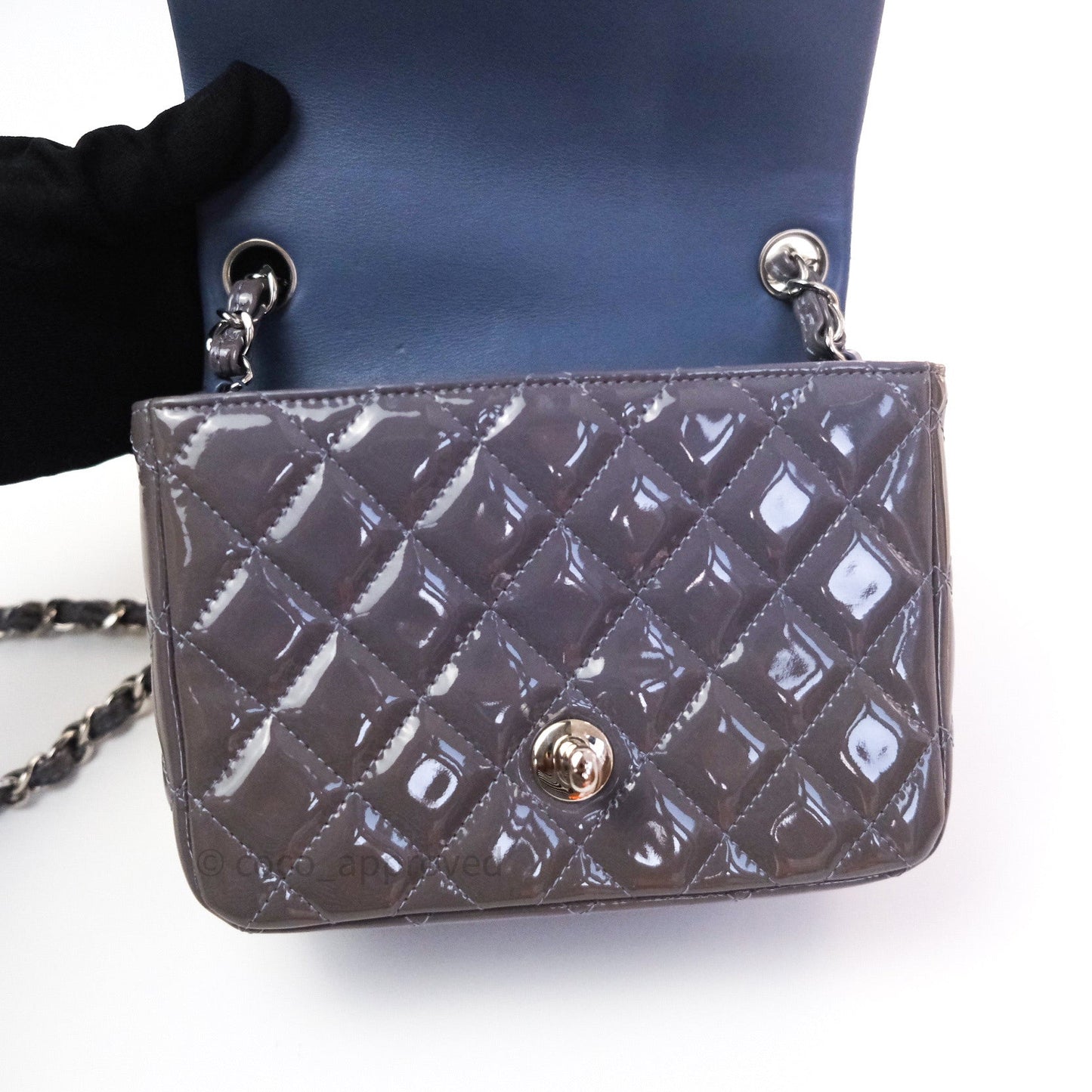 Chanel Mini Square Grey Patent Leather Silver Hardware