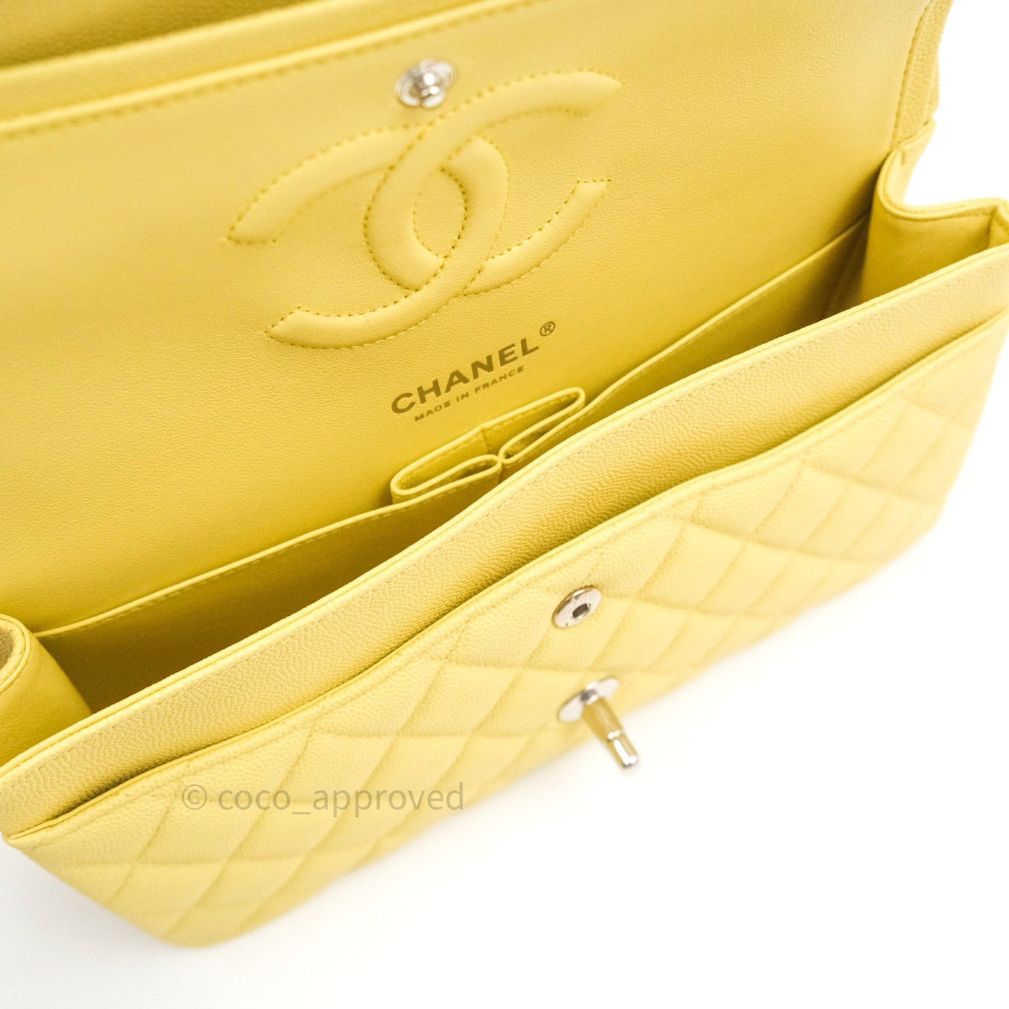 Chanel Classic M/L Medium Double Flap Bag Light Yellow Caviar Silver Hardware