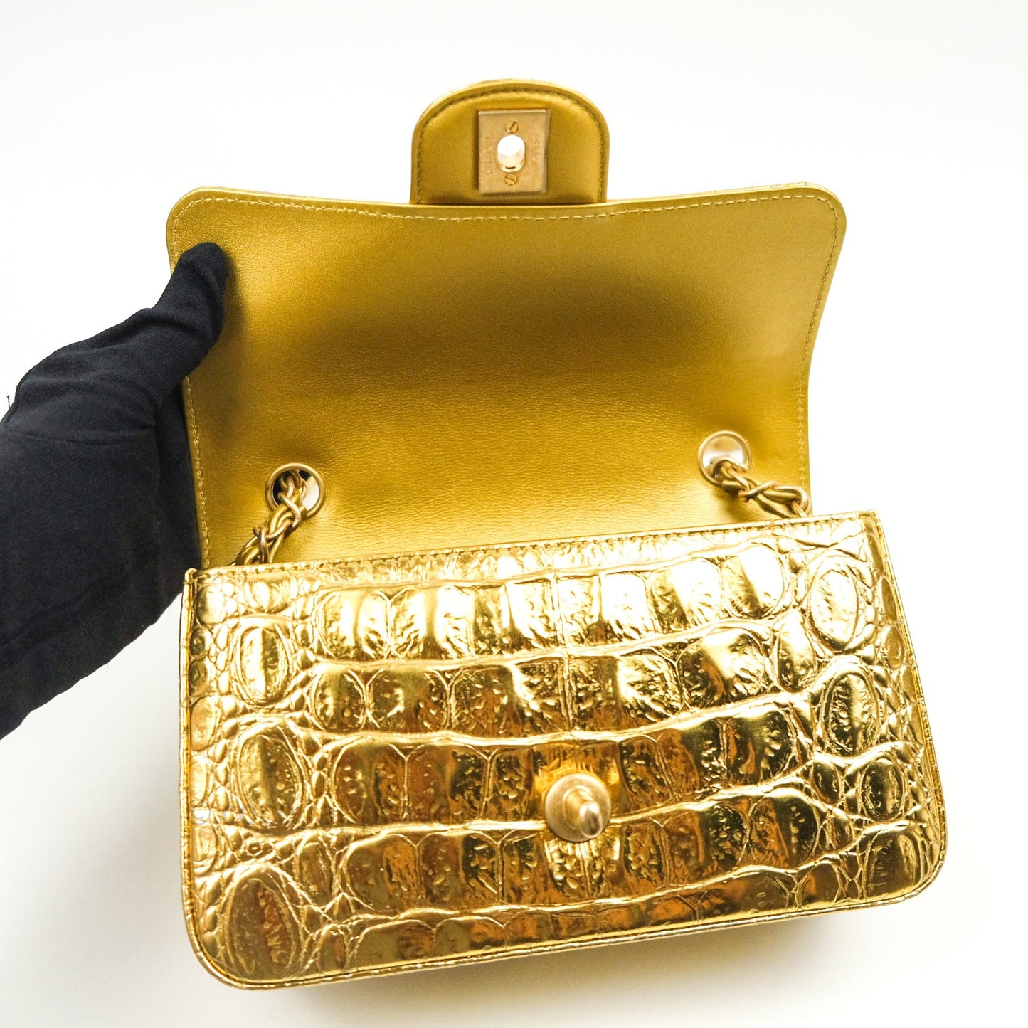 Chanel Gold Metallic Calfskin Crocodile Embossed Rectangular Mini Flap
