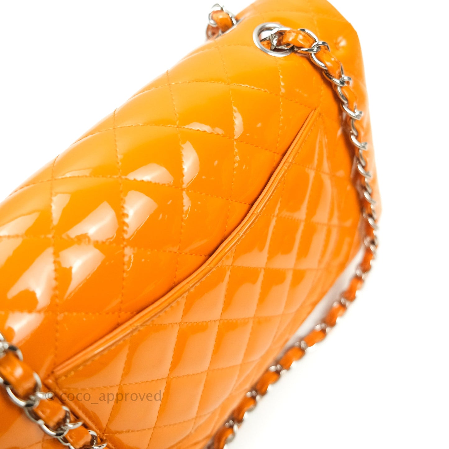 Chanel Classic M/L Medium Double Flap Orange Patent Silver Hardware