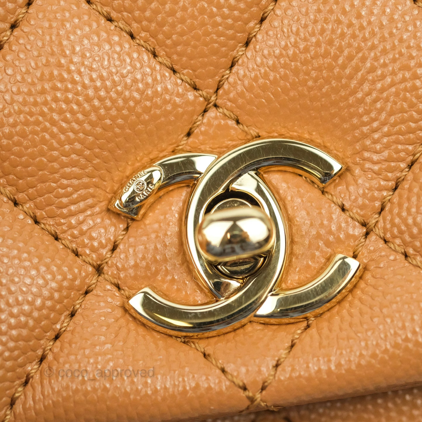 Chanel Mini (Small) Coco Handle Quilted Dark Beige Caramel Caviar Gold Hardware Lizard Embossed Handle 21P