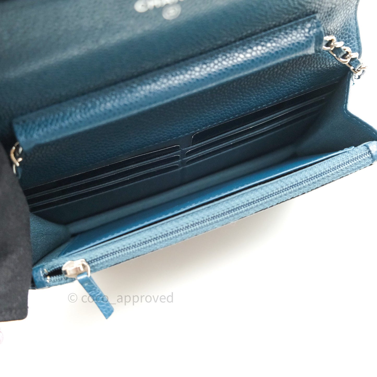Chanel Chevron Wallet on Chain WOC Blue Caviar Silver Hardware