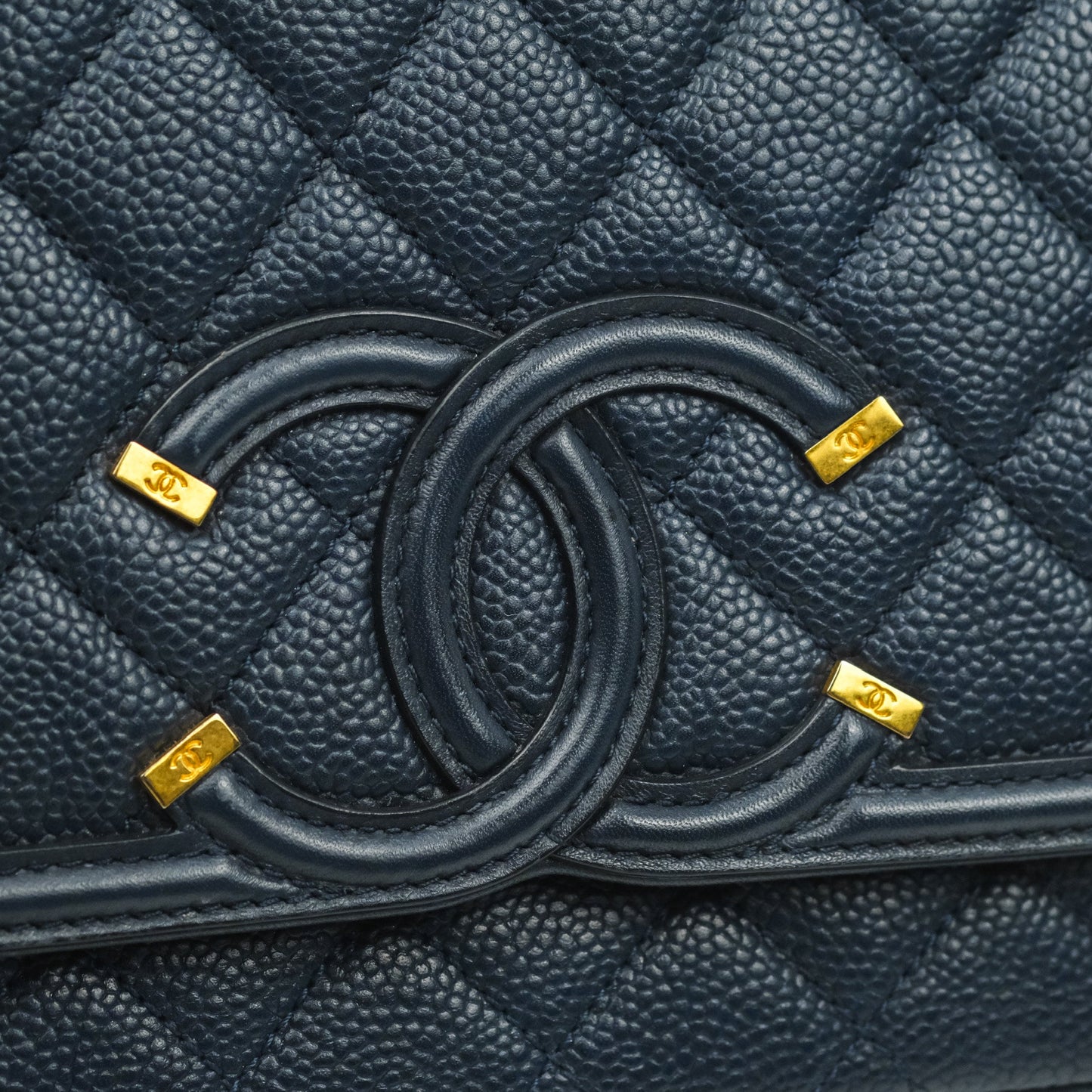 Chanel Quilted Medium CC Filigree Flap Navy Caviar Aged Gold Hardware