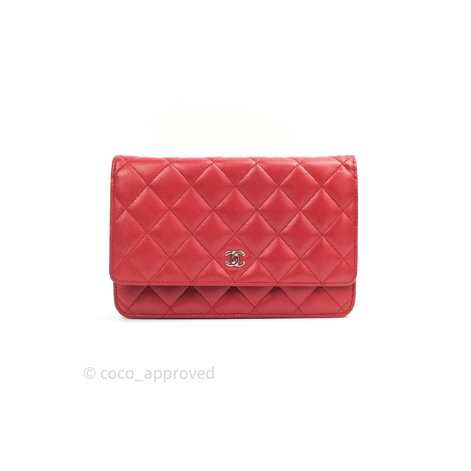 Chanel Quilted Wallet on Chain WOC Red Lambskin Silver Hardware