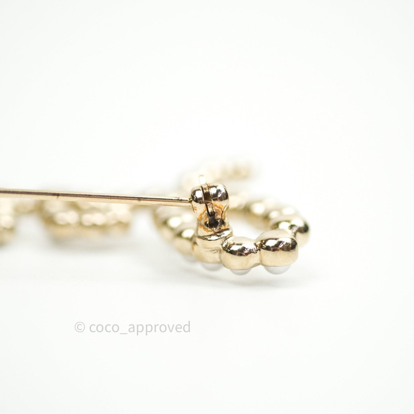 Chanel Logo Pearl Crystal Brooch Gold Tone 19K