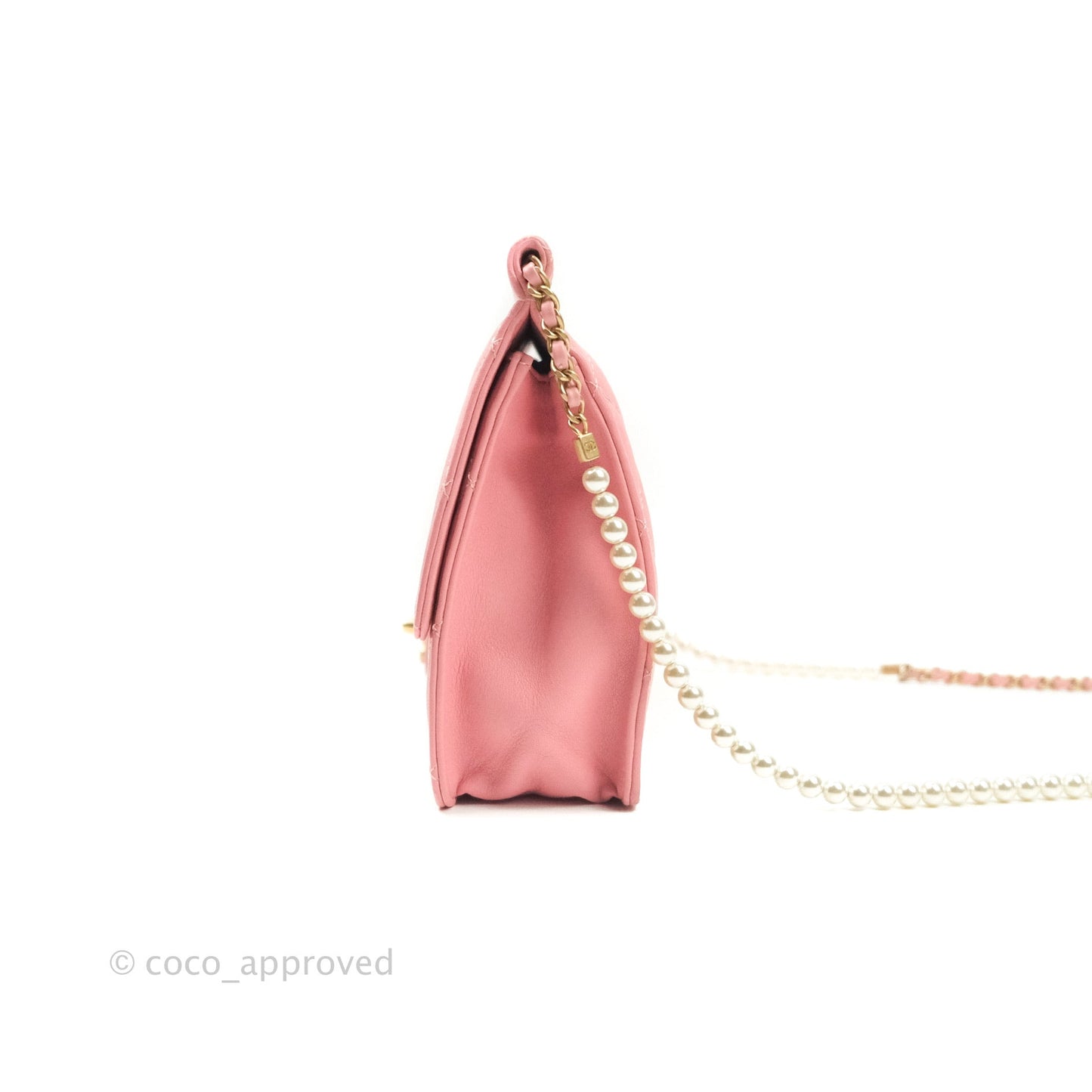 Chanel Large Quilted Lambskin Pearl Chain Flap Bag Pink Aged Gold Hardware