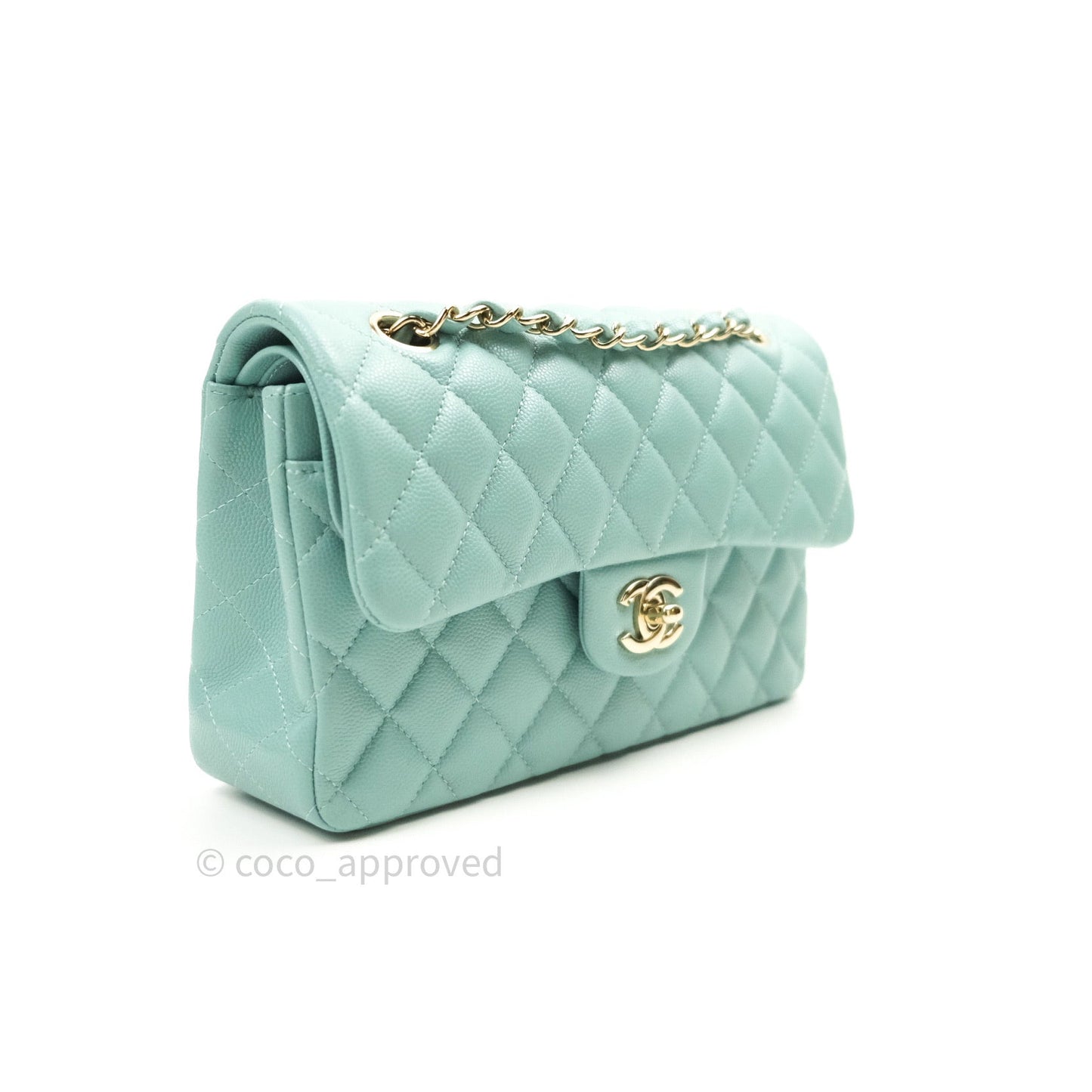 Chanel Classic Small S/M Flap Tiffany Blue Caviar Light Gold Hardware