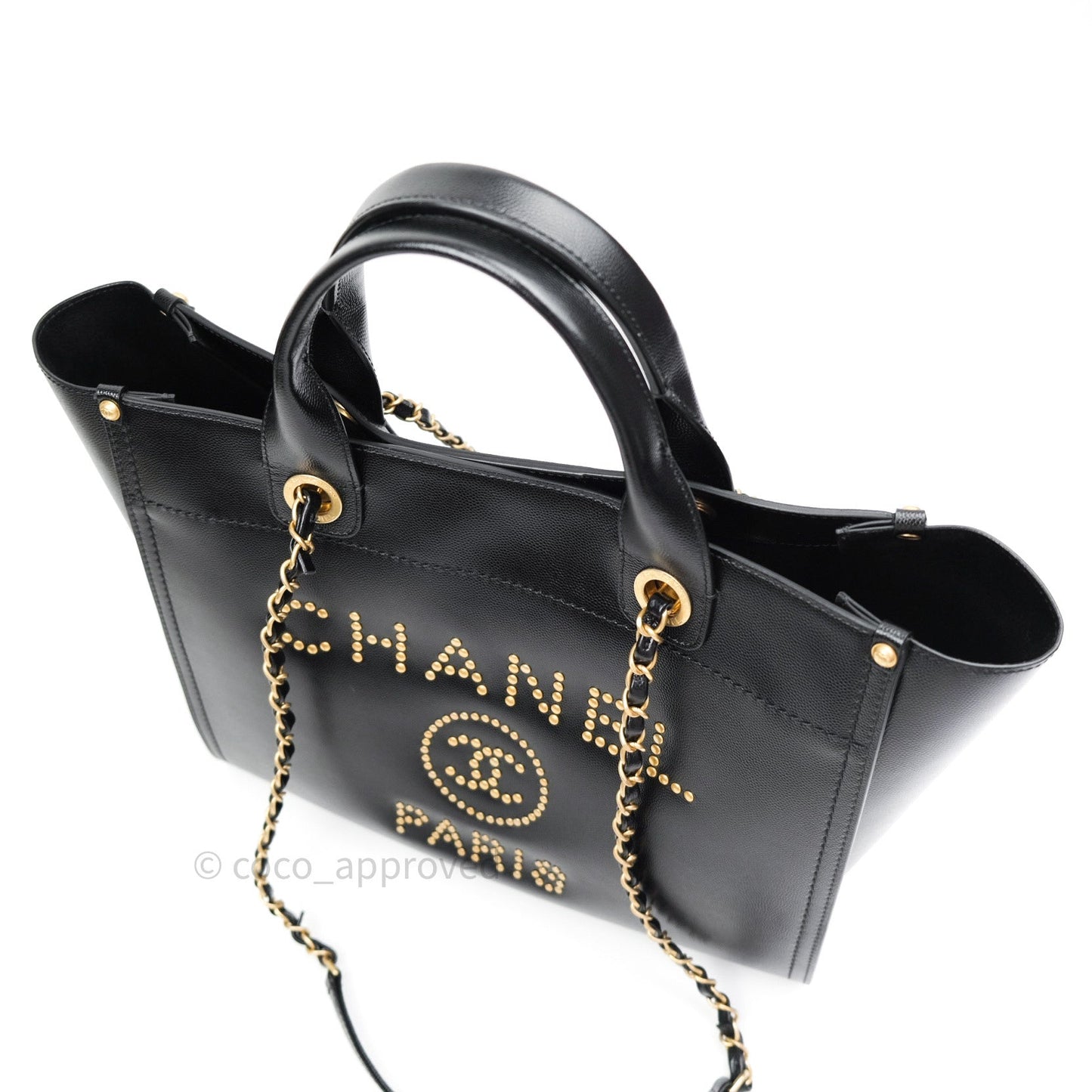 Chanel Small Studded Deauville Tote Black Caviar Gold Hardware