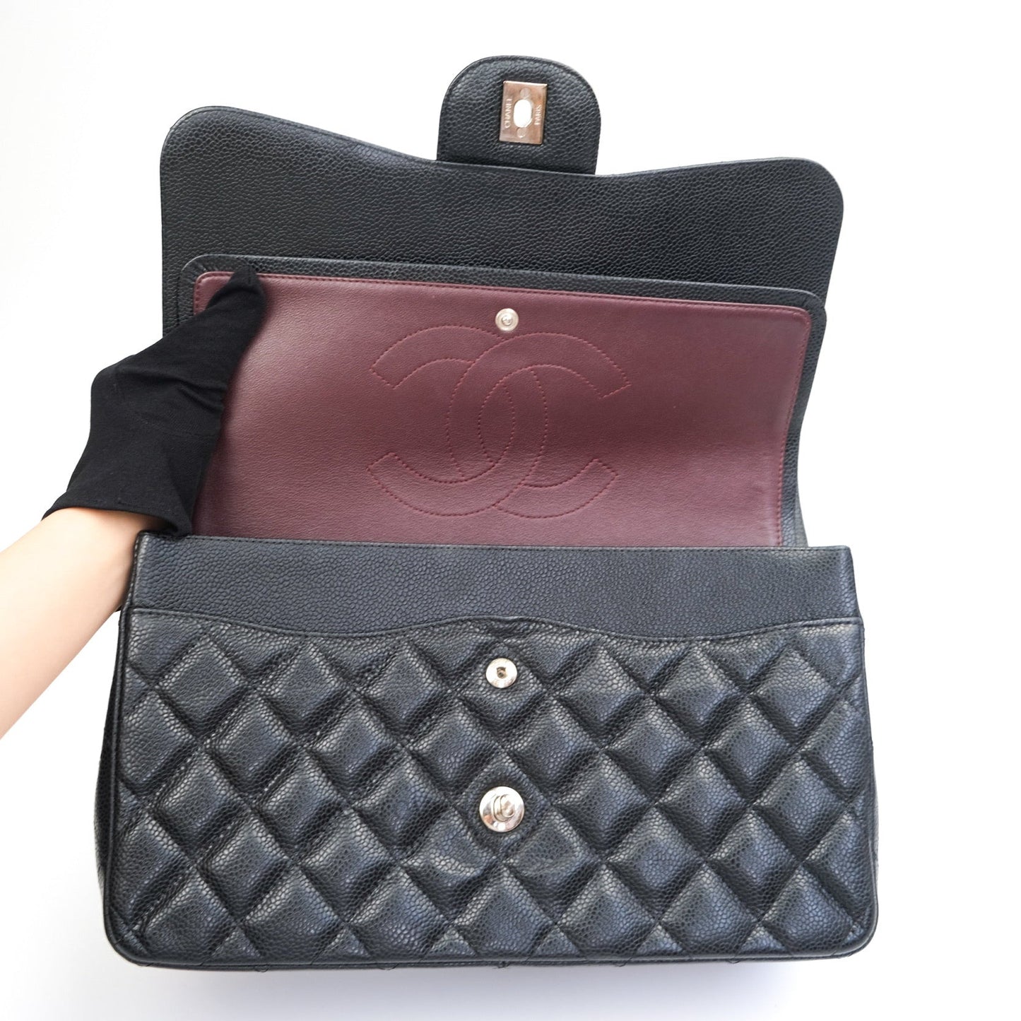 Chanel Classic Jumbo Double Flap Black Quilted Caviar Silver Hardware⁣⁣