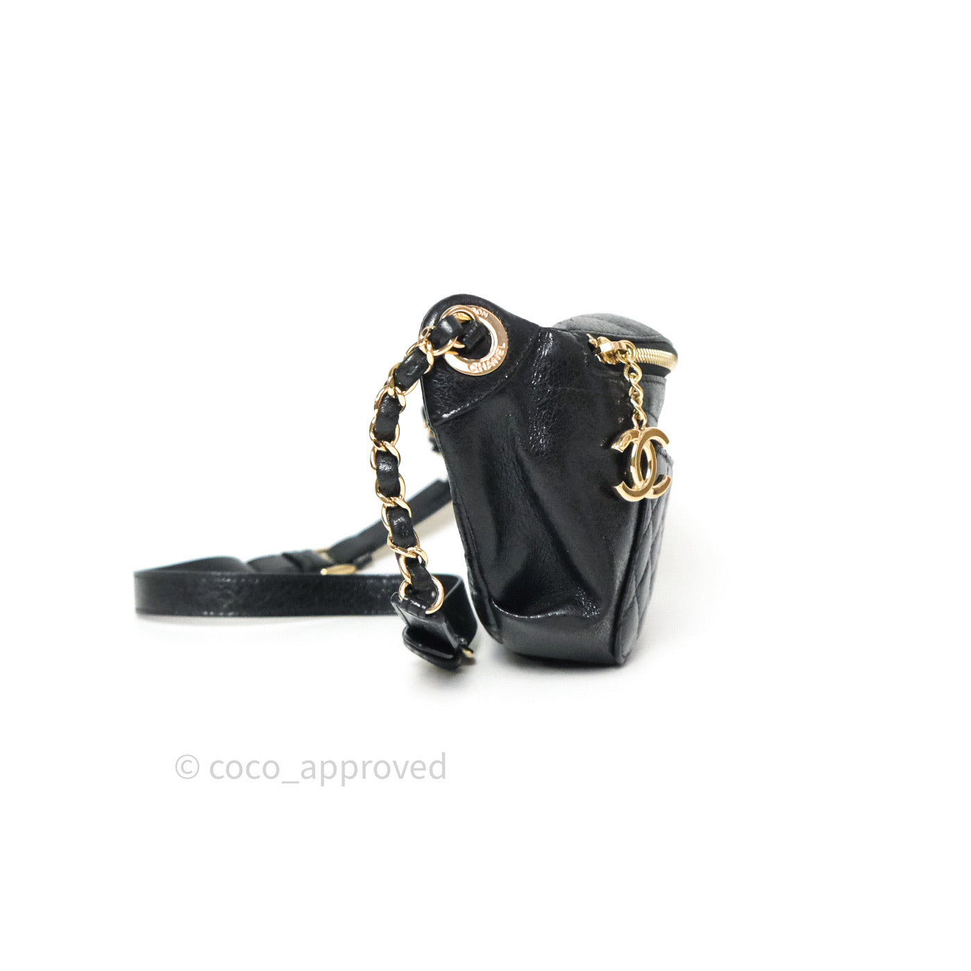 Chanel Black Glazed Calfskin Fanny Pack Belt Bag Gold Hardware