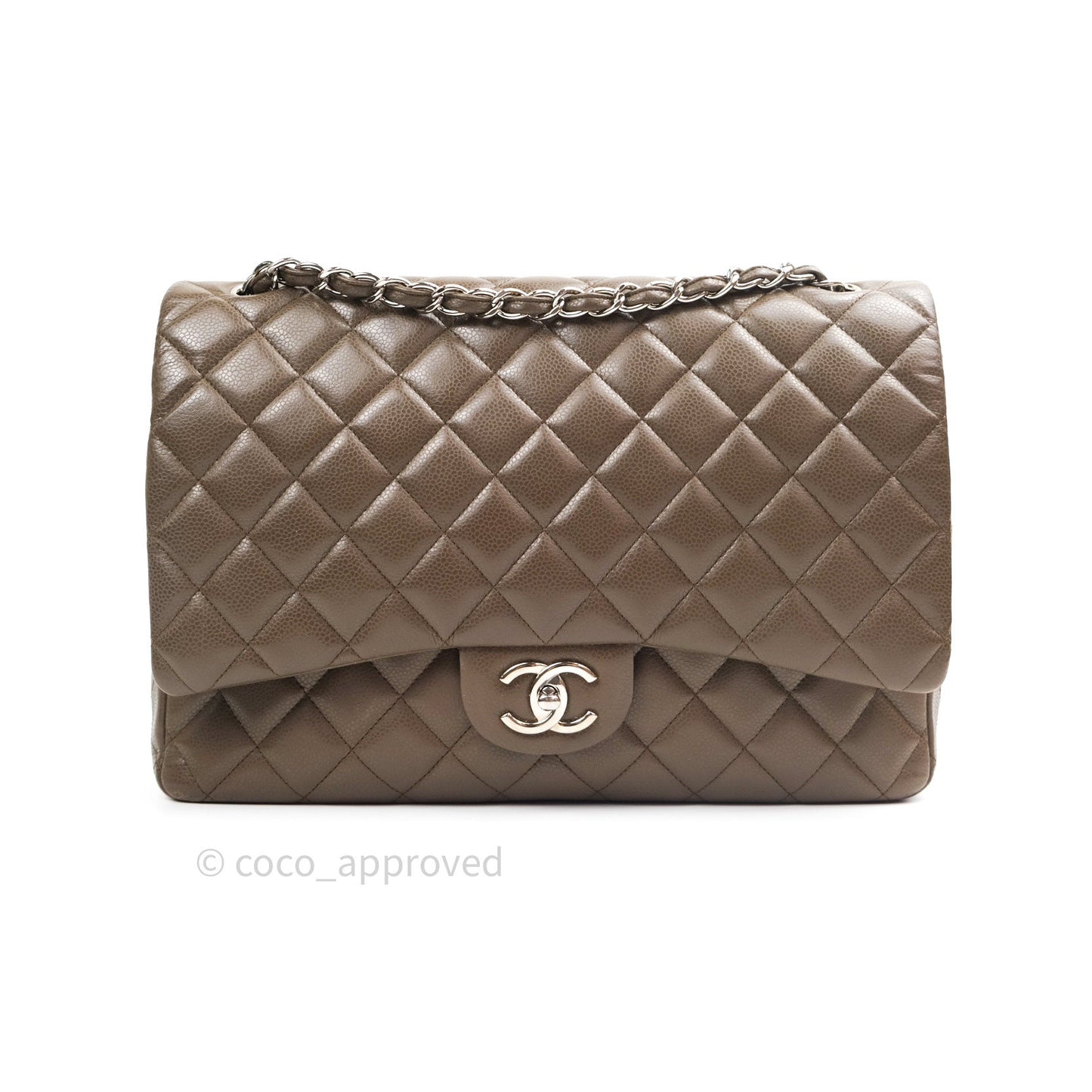 Chanel Double Flap Maxi Khaki Caviar Silver Hardware