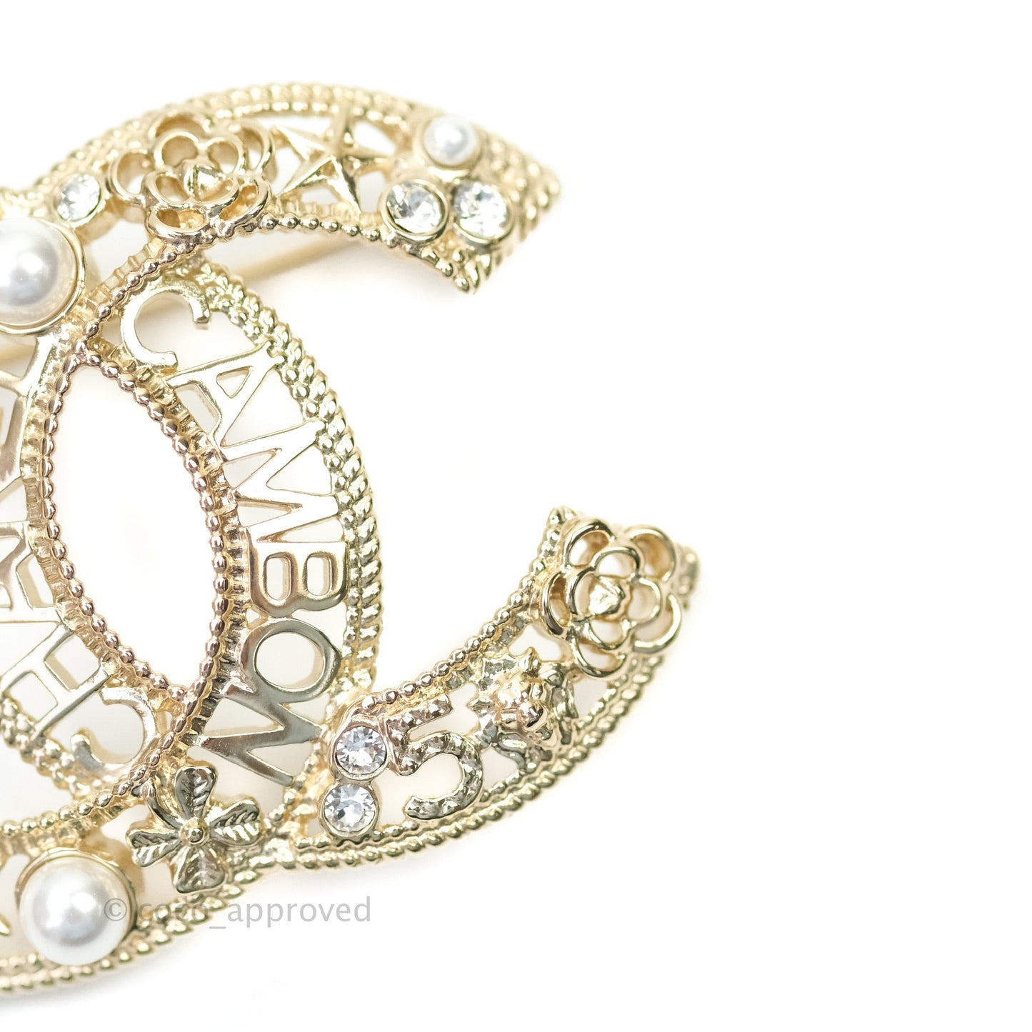 Chanel CC Cambon Pearl Crystal Brooch Gold Tone 21A