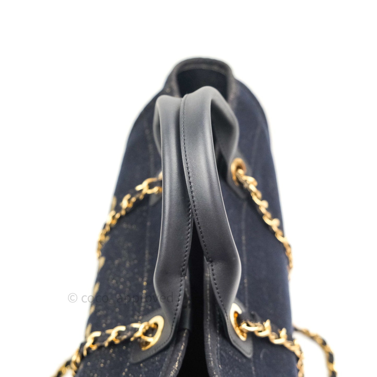 Chanel Canvas Large Deauville Tote Navy Glittery Gold Logo 19B