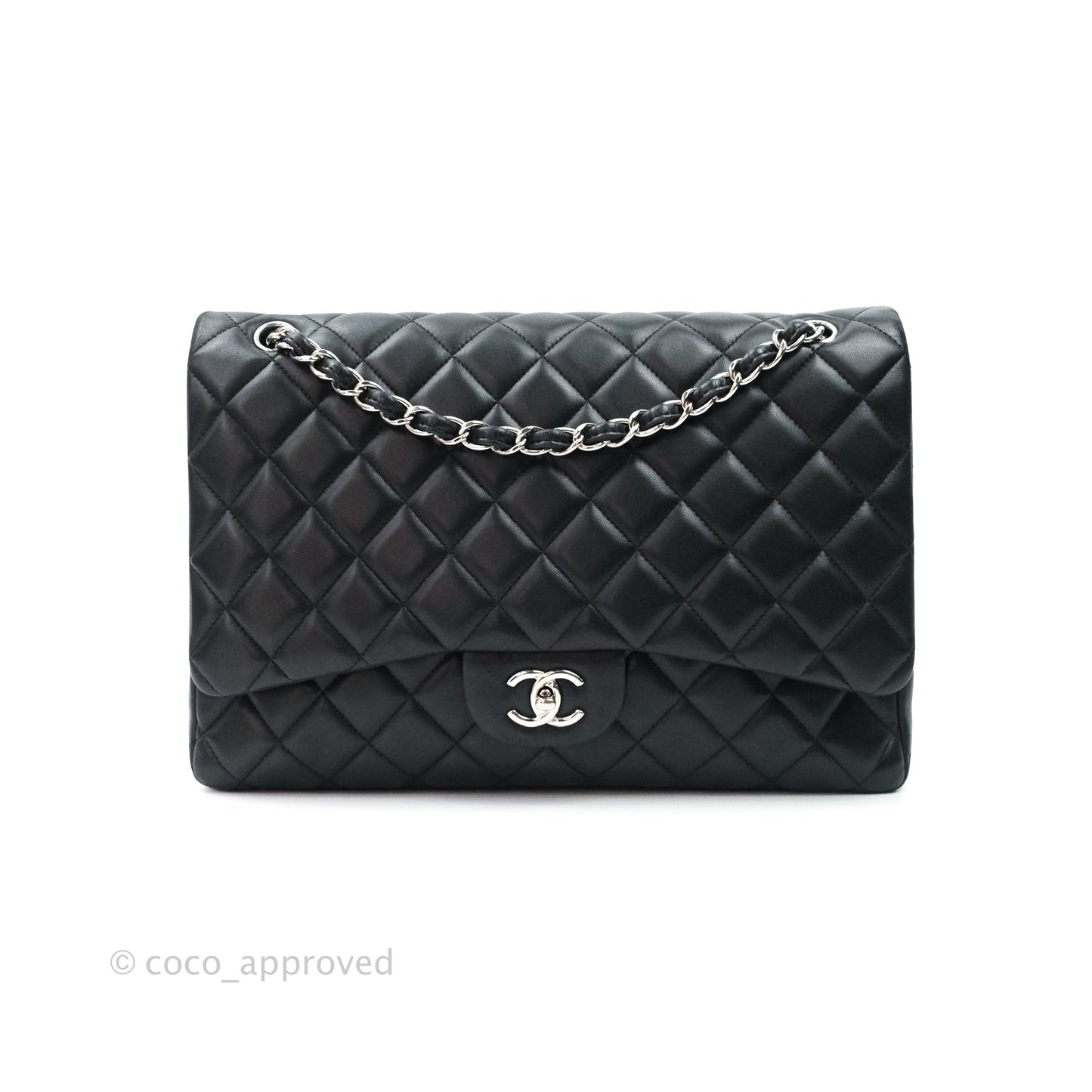 Chanel Quilted Maxi Single Flap Black Lambskin Silver Hardware