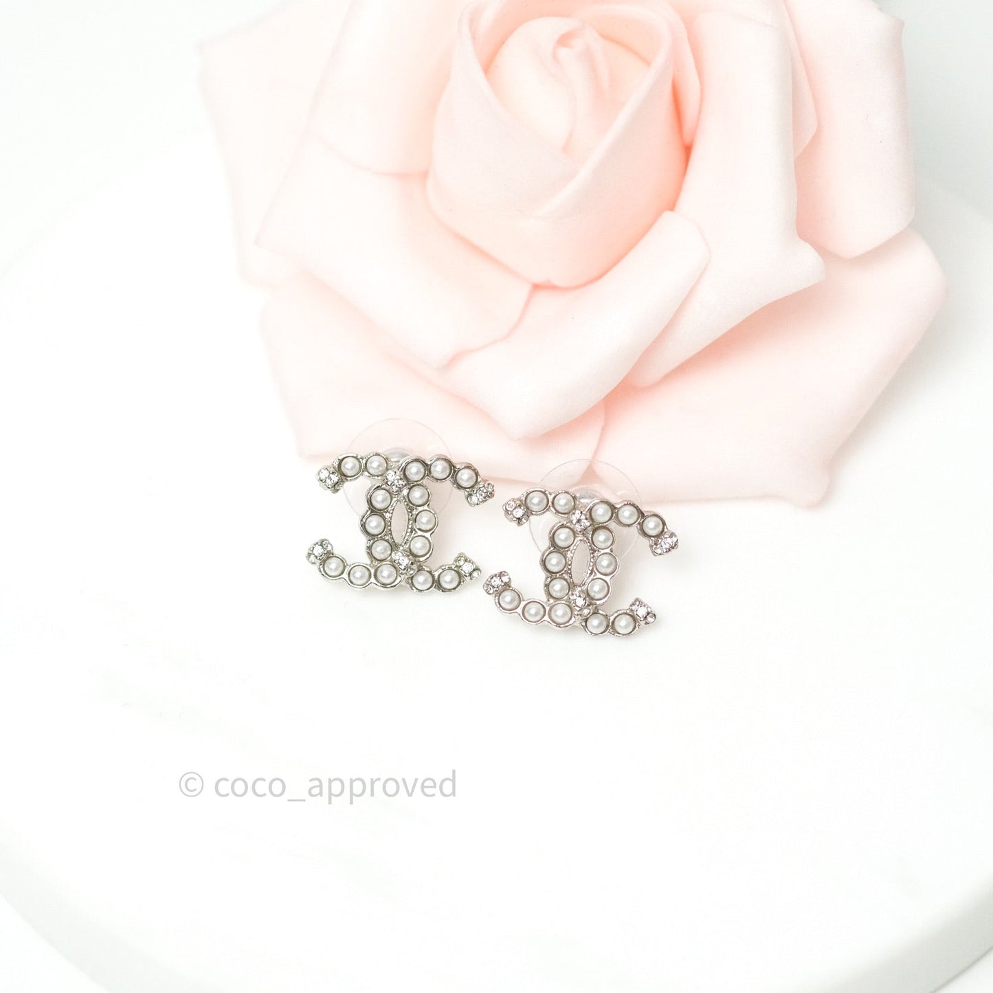Chanel Crystal CC Earrings Silver Tone