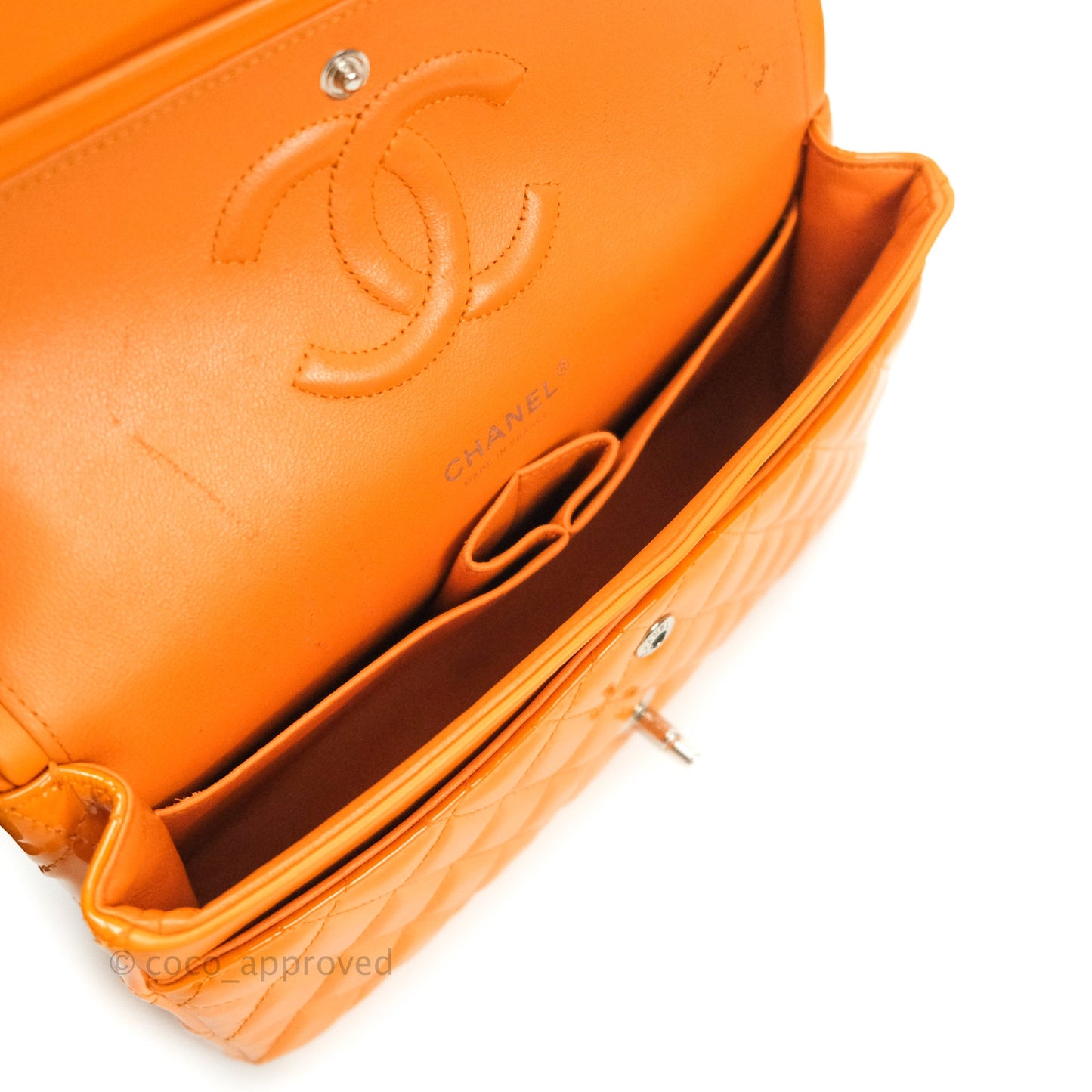 Chanel Classic M/L Medium Double Flap Orange Patent Silver Hardware