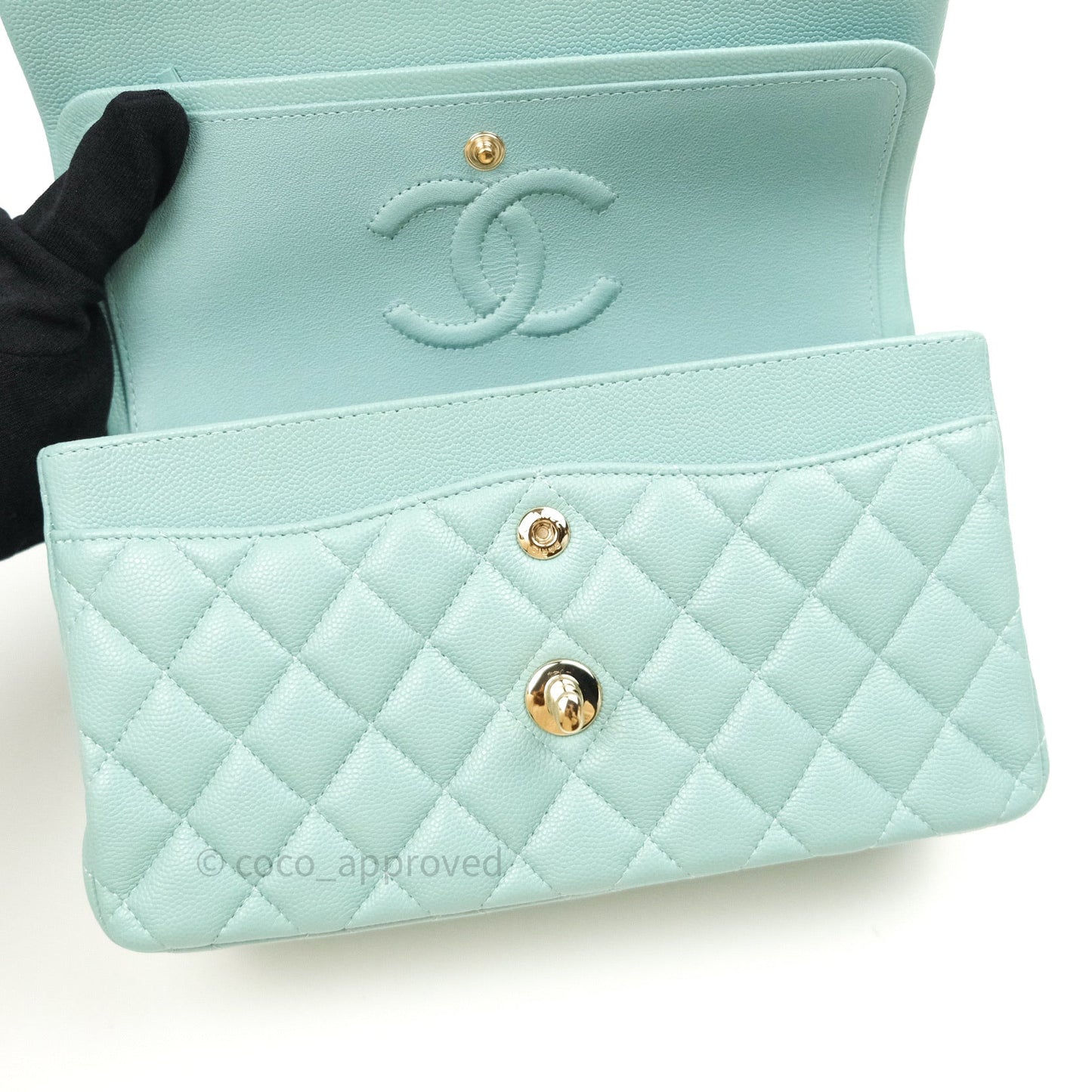 Chanel Classic Small S/M Flap Tiffany Blue Caviar Light Gold Hardware
