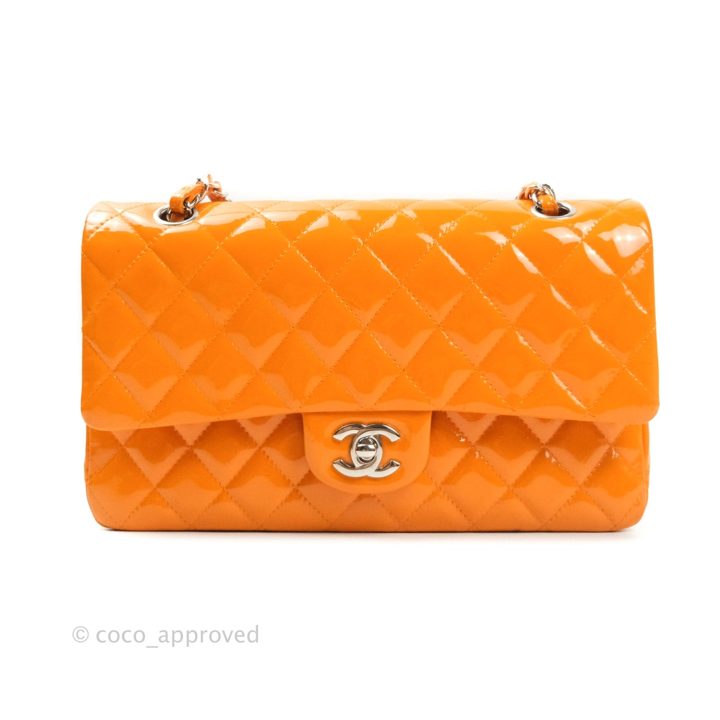 Chanel Classic M/L Medium Double Flap Orange Patent Silver Hardware