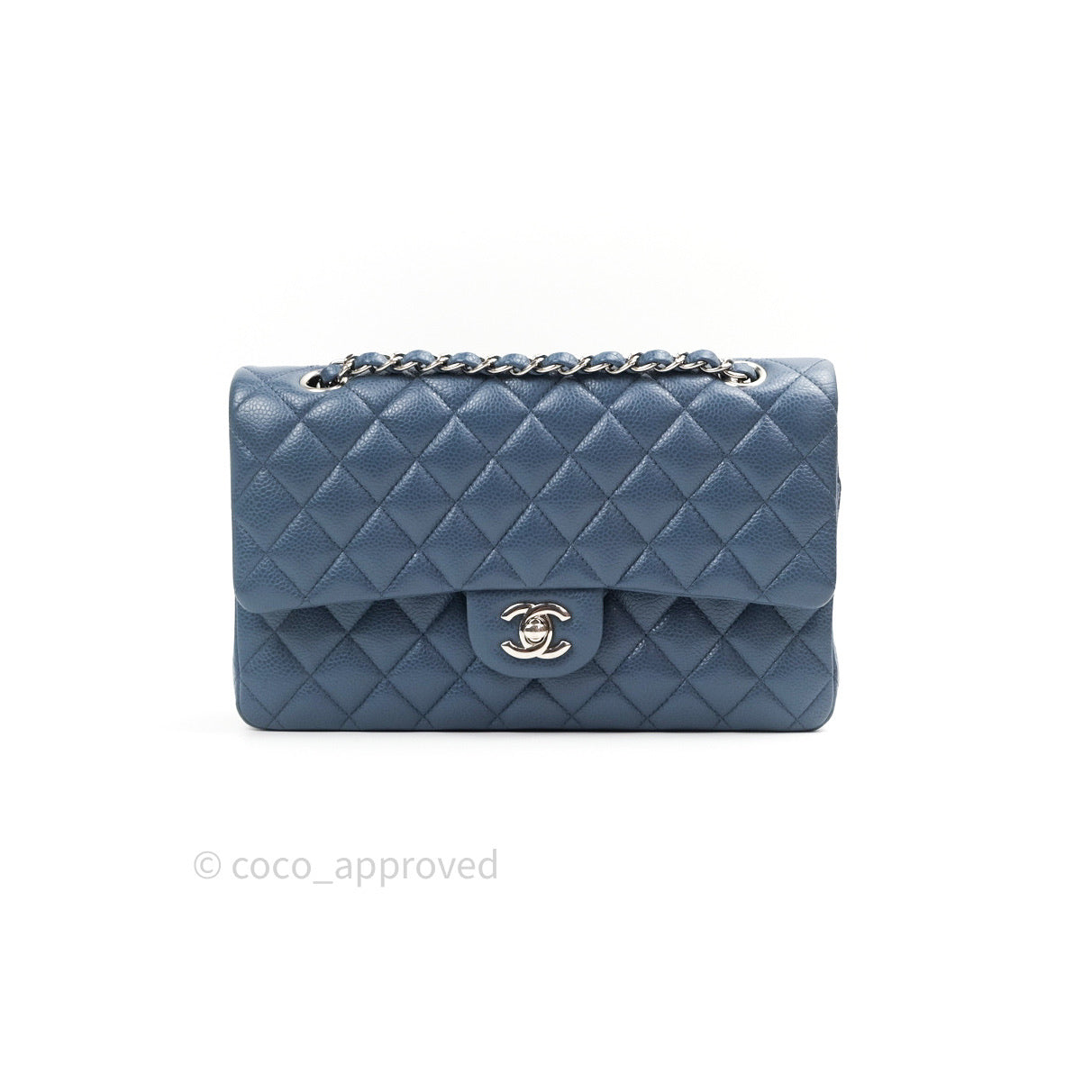 Chanel Classic Double Flap Quilted M/L Blue Caviar Silver Hardware