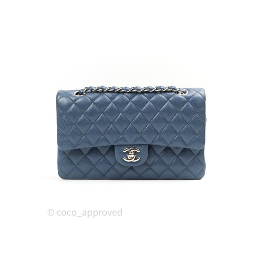 Chanel Classic Double Flap Quilted M/L Blue Caviar Silver Hardware