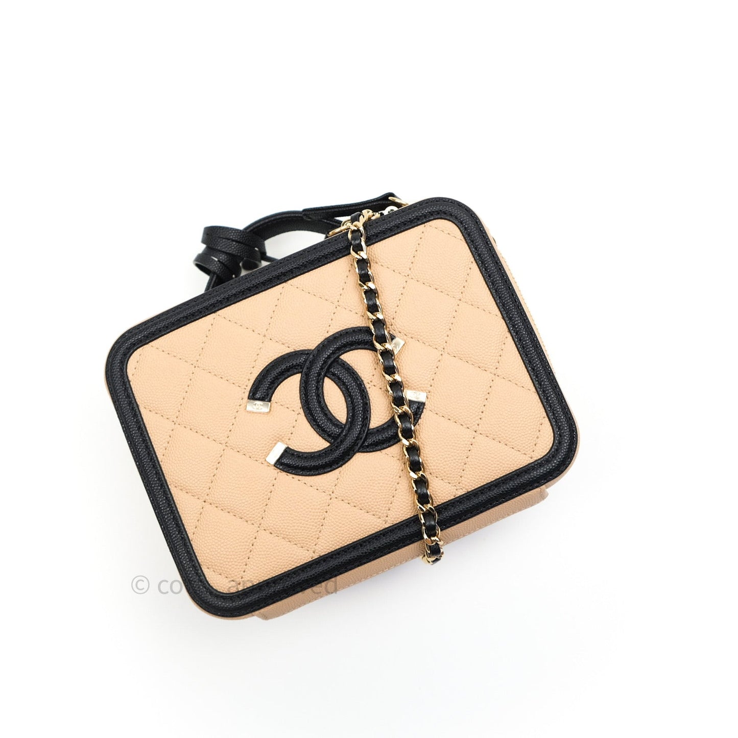 Chanel Quilted New Small CC Filigree Vanity Case Beige Caviar Gold Hardware