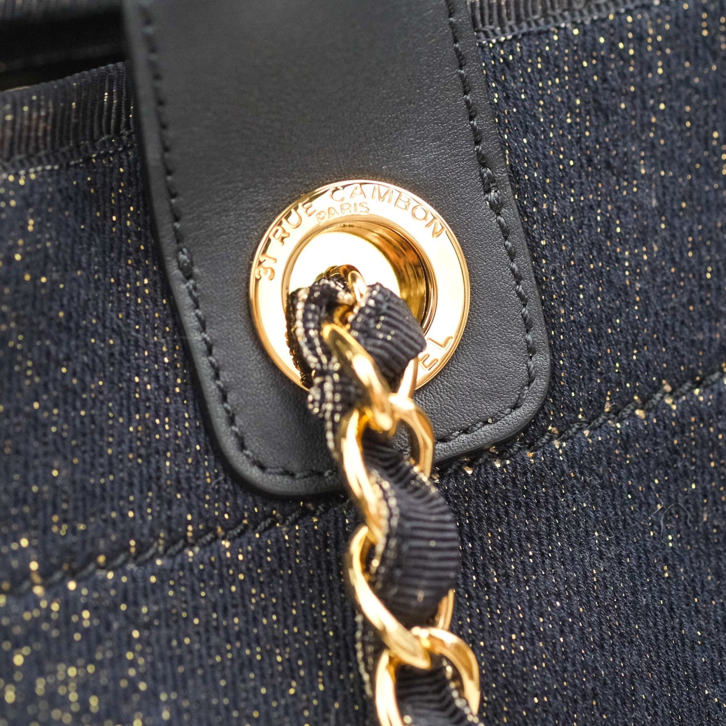 Chanel Canvas Large Deauville Tote Navy Glittery Gold Logo 19B