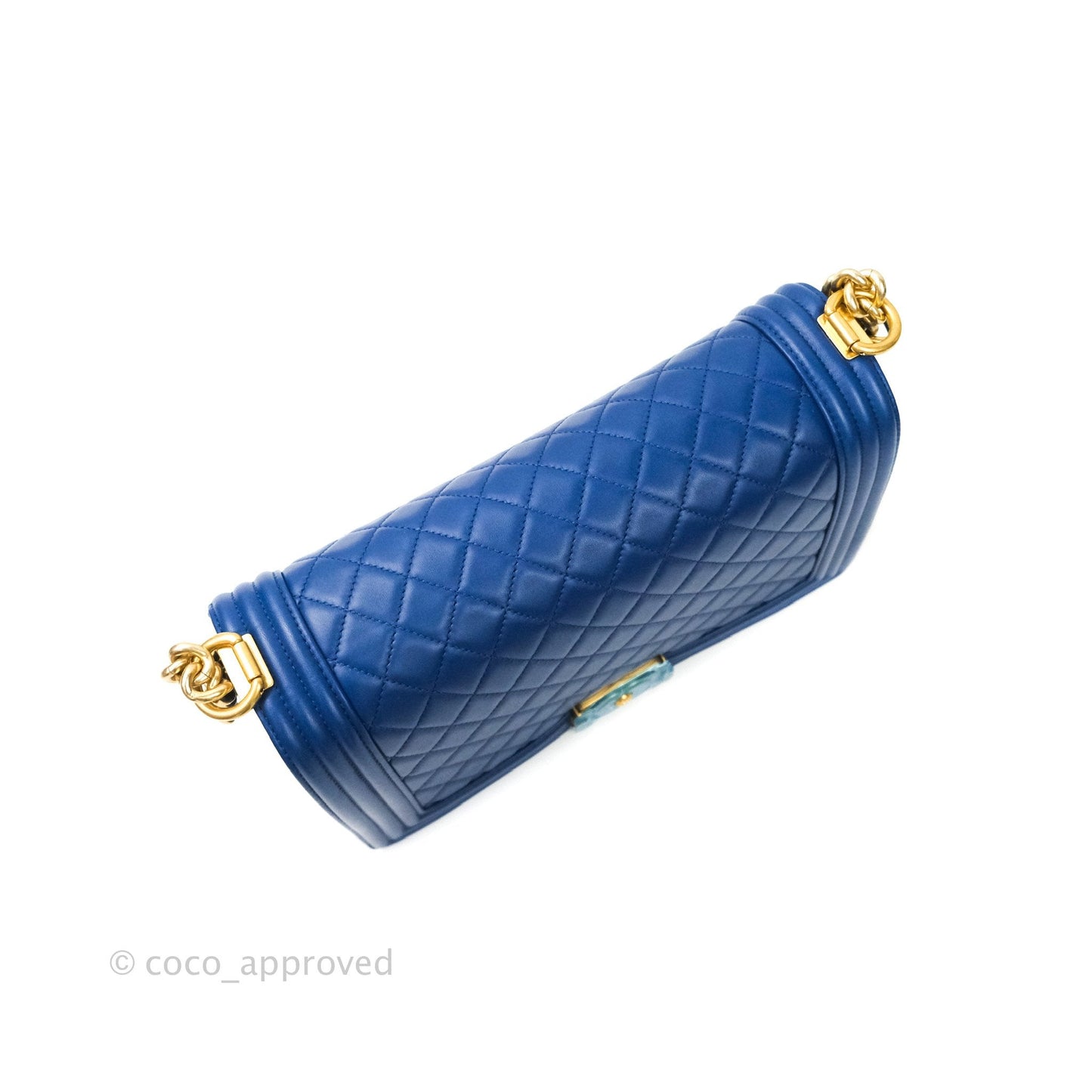 Chanel Boy New Medium Quilted Blue Lambskin Aged Gold Hardware