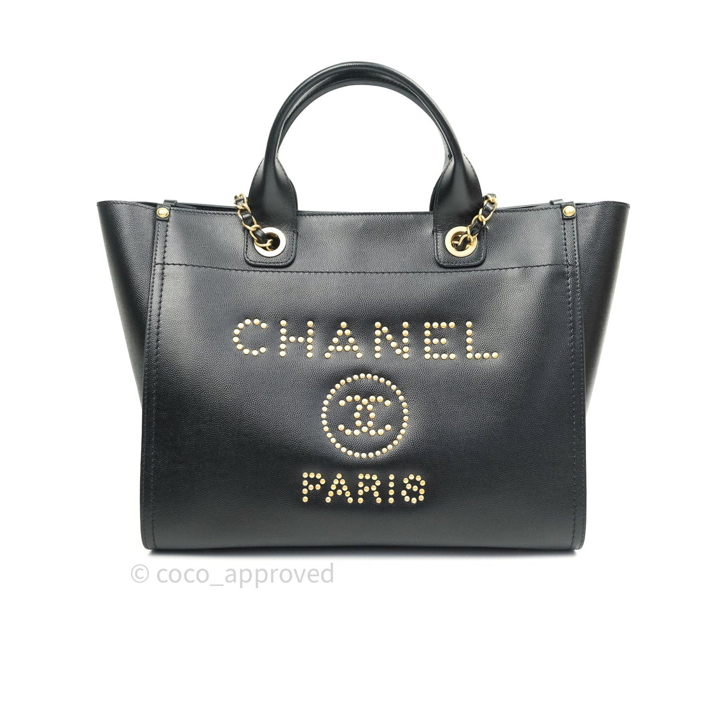 Chanel Small Studded Deauville Tote Black Caviar Gold Hardware