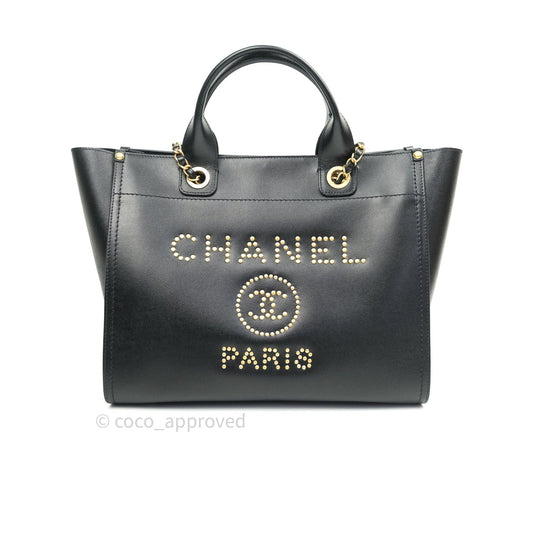 Chanel Small Studded Deauville Tote Black Caviar Gold Hardware