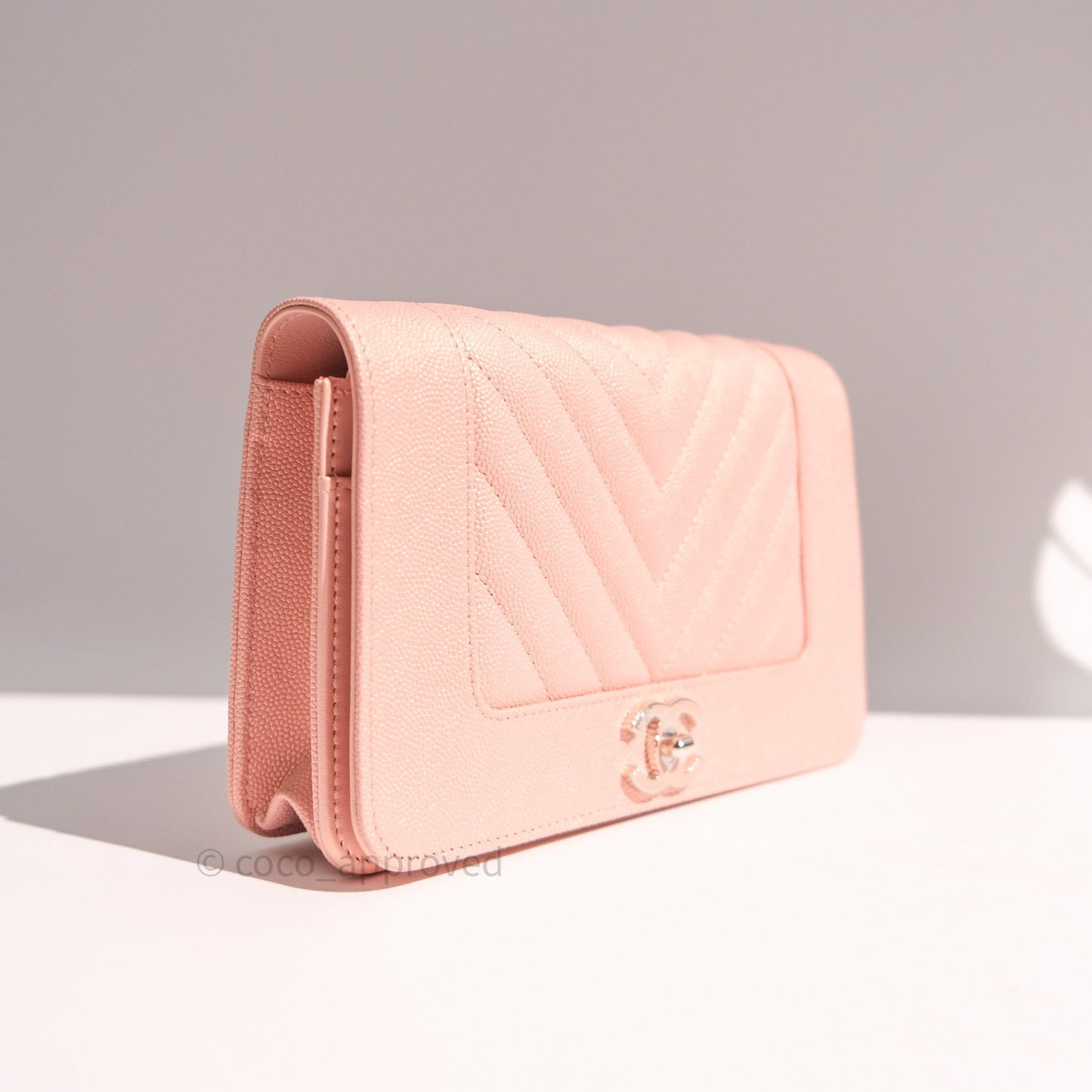 Chanel Chevron Wallet on Chain WOC Rose Gold Caviar Silver Hardware 19P