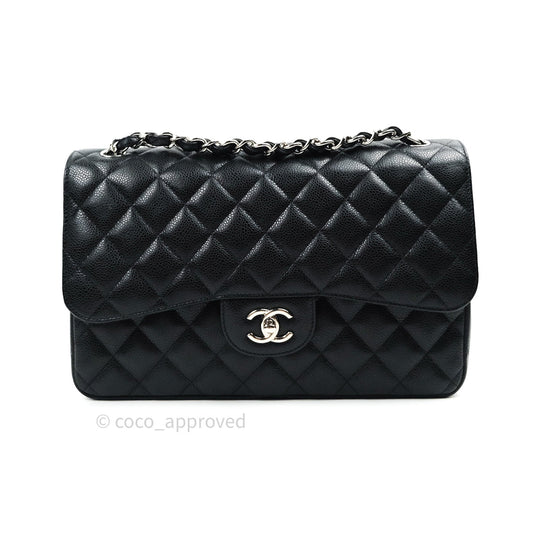 Chanel Classic Jumbo Double Flap Black Quilted Caviar Silver Hardware⁣⁣