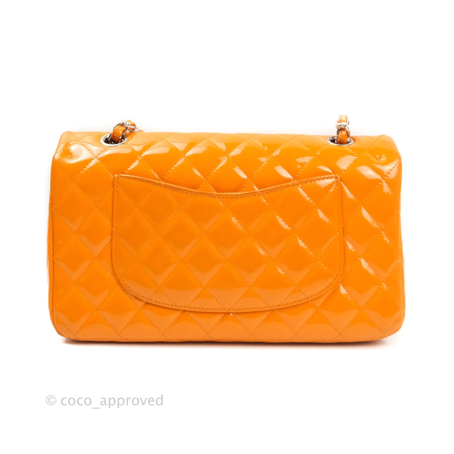Chanel Classic M/L Medium Double Flap Orange Patent Silver Hardware