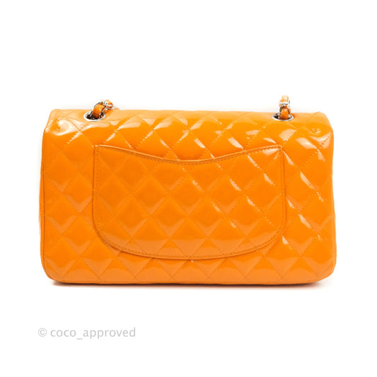 Chanel Classic M/L Medium Double Flap Orange Patent Silver Hardware
