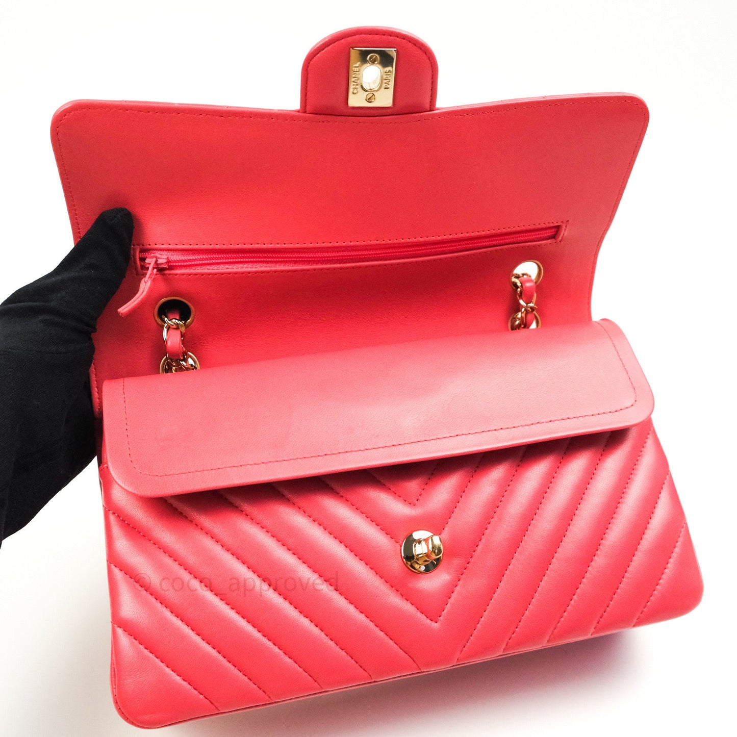 Chanel Chevron M/L Medium Double Flap Bag Dark Pink Lambskin Gold Hardware