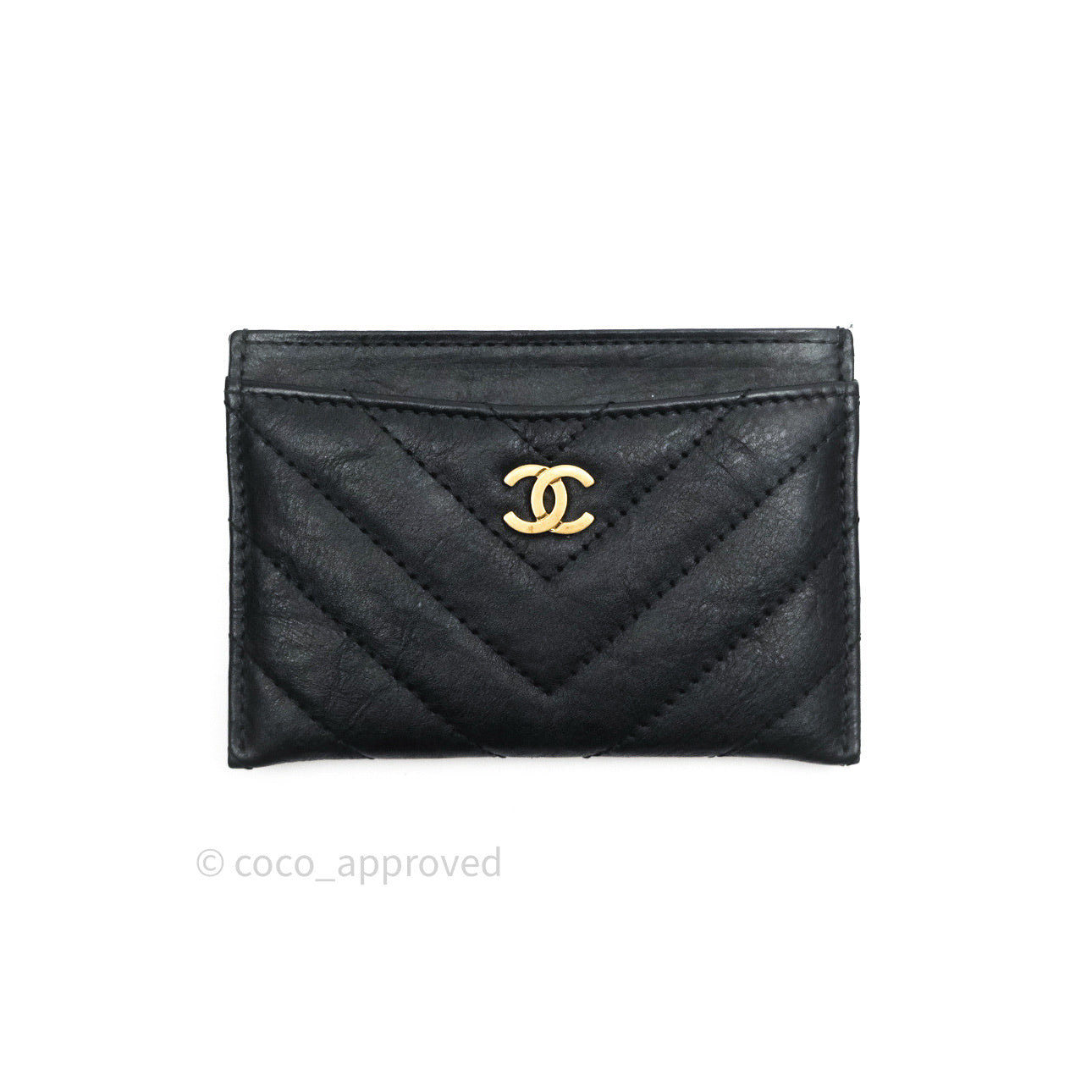 Chanel Black Chevron Classic Calfskin Flat Card Holder Gold Hardware