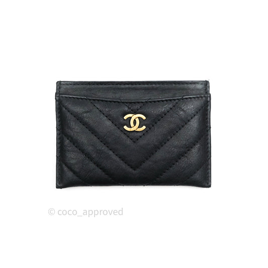 Chanel Black Chevron Classic Calfskin Flat Card Holder Gold Hardware