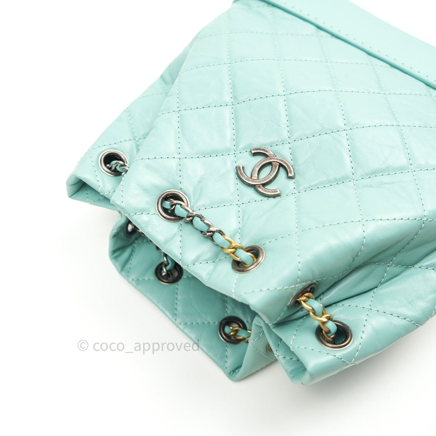 Chanel Gabrielle Backpack Black Aged Calfskin Small Tiffany Blue