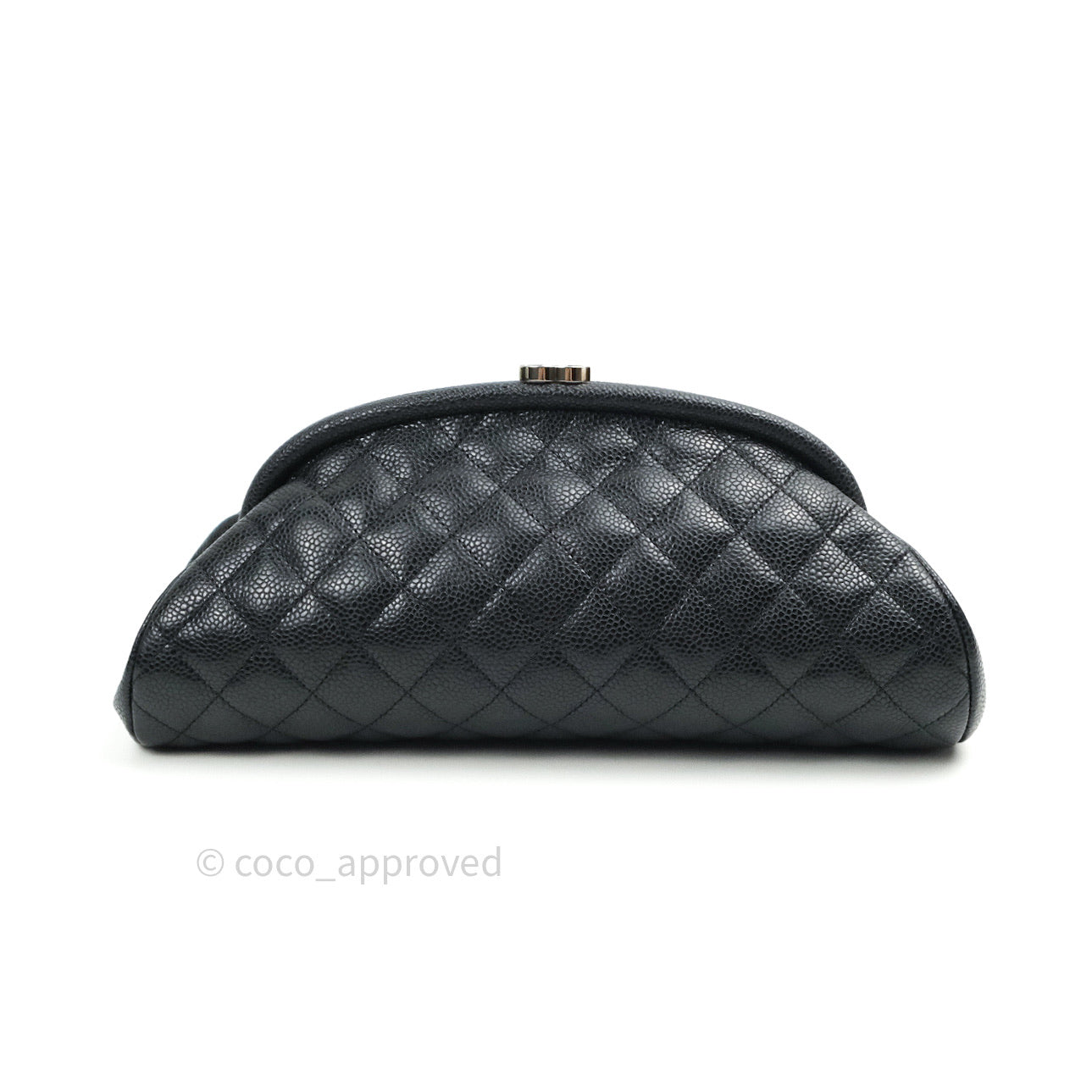 Chanel Quilted Timeless Kisslock Clutch Black Caviar Silver Hardware