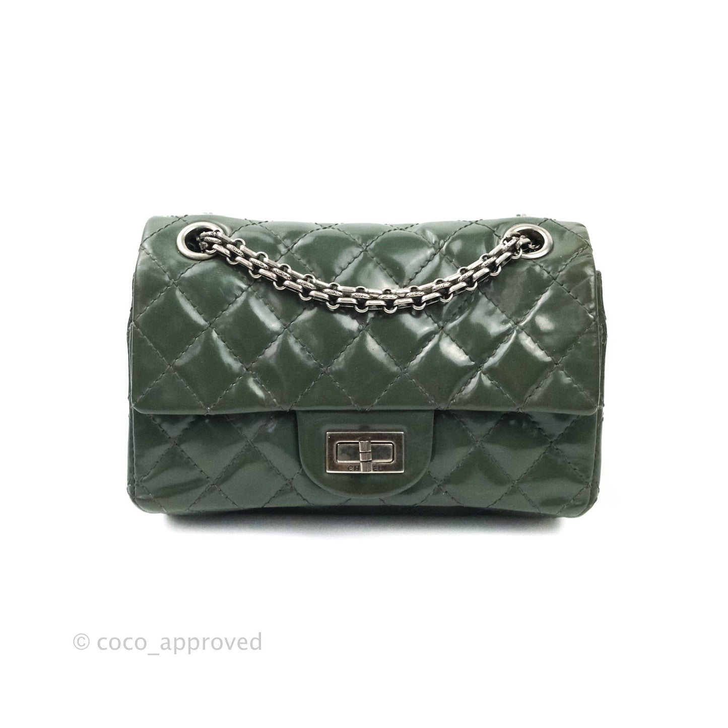 Chanel Mini Reissue 224 Army Green Patent Ruthenium Hardware Double Layer