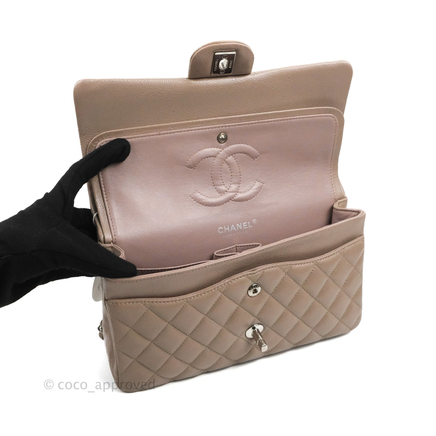 Chanel Classic M/L Medium Flap Quilted Taupe Grey Caviar Silver Hardware